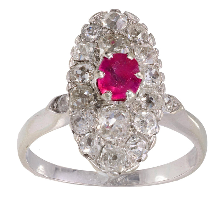 Belle Époque French ruby diamond 18k white gold navette ring