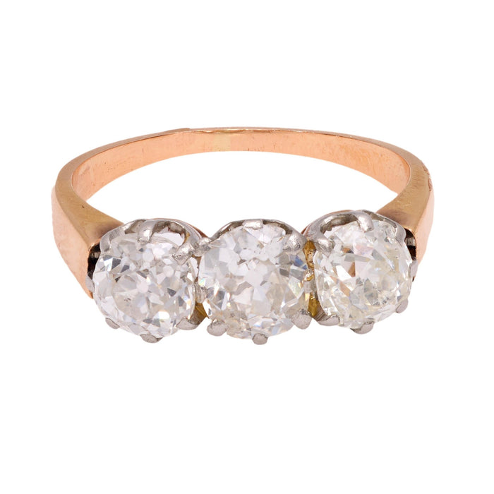 Edwardian 2 carat total weight diamond 18k yellow gold three stone ring