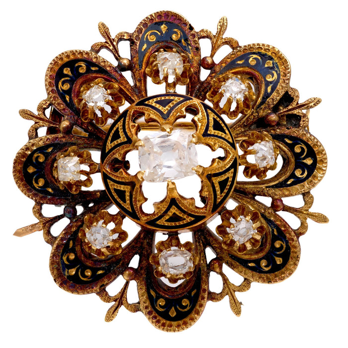 Victorian diamond 18k yellow gold and enamel brooch