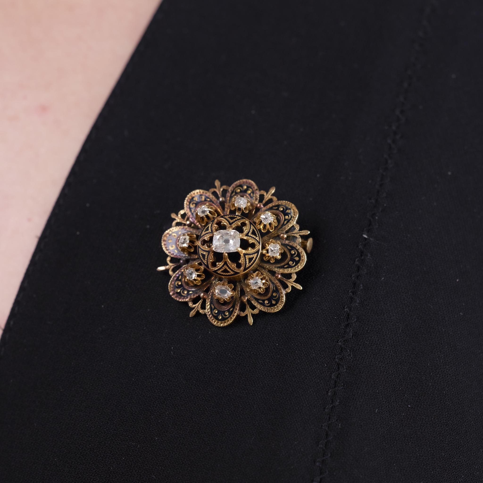 Victorian diamond 18k yellow gold and enamel brooch