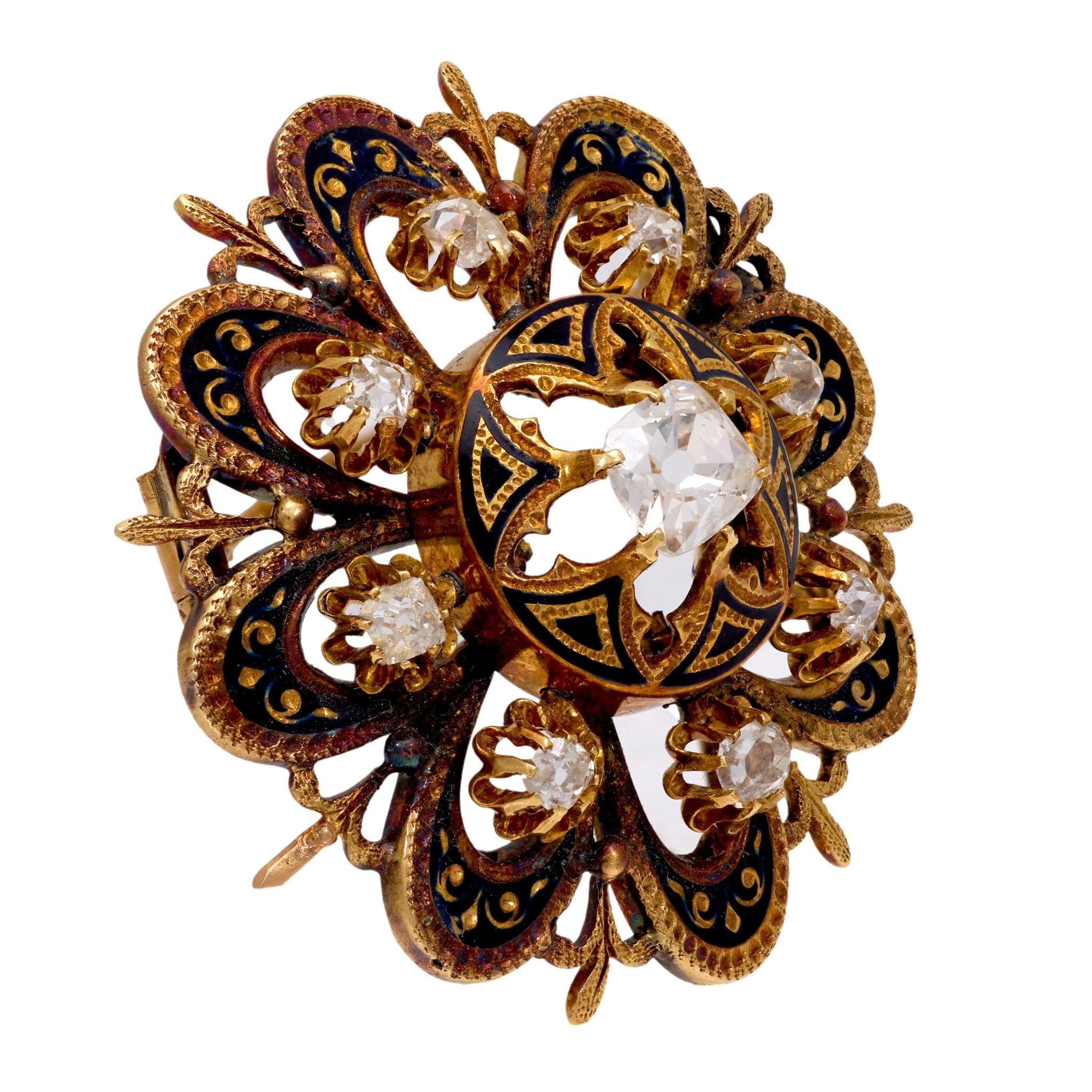 Victorian diamond 18k yellow gold and enamel brooch