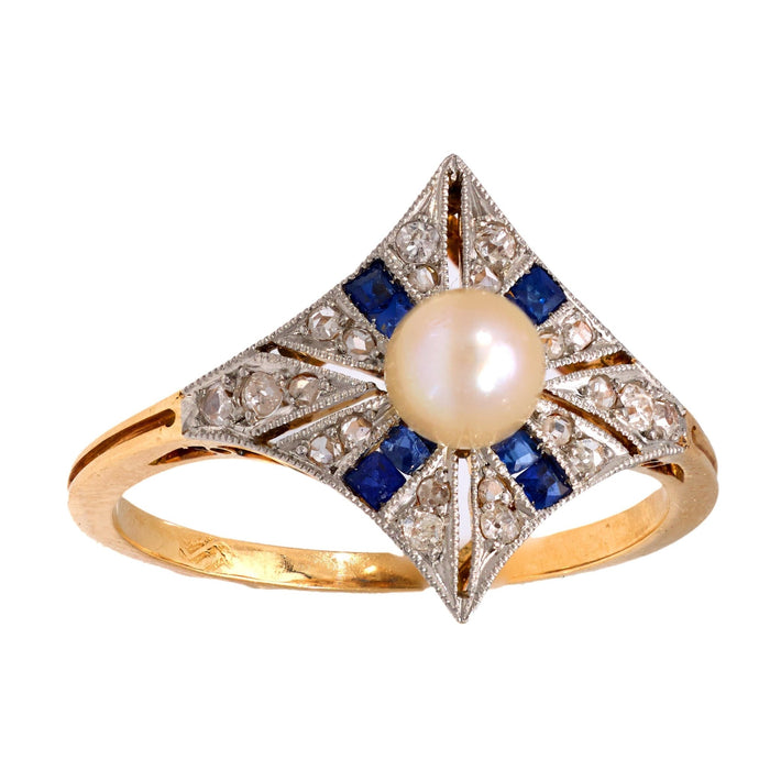 Belle Époque French pearl sapphire diamond 18k yellow gold ring
