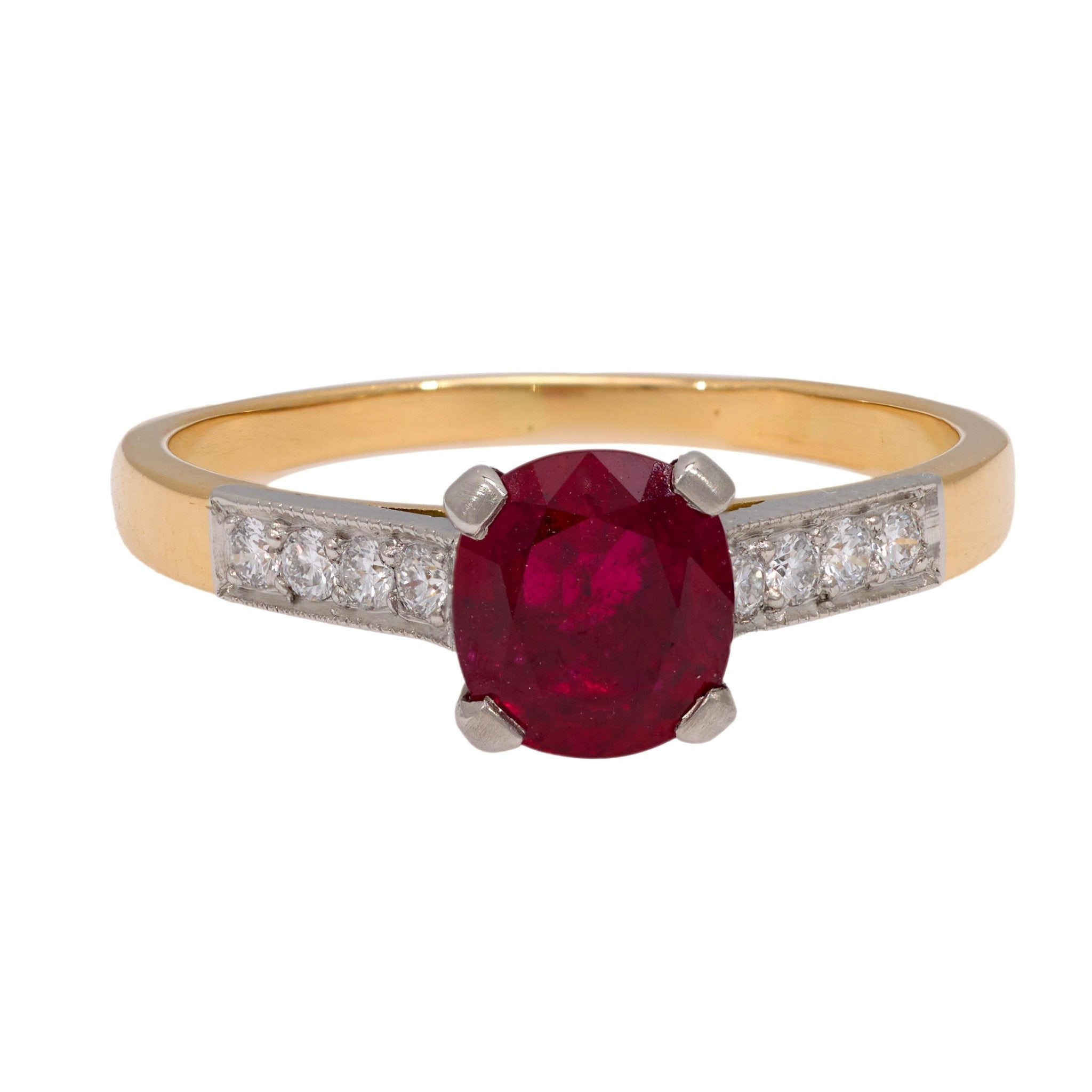 French GIA 1.18 carat no heat ruby diamond 18k yellow gold ring
