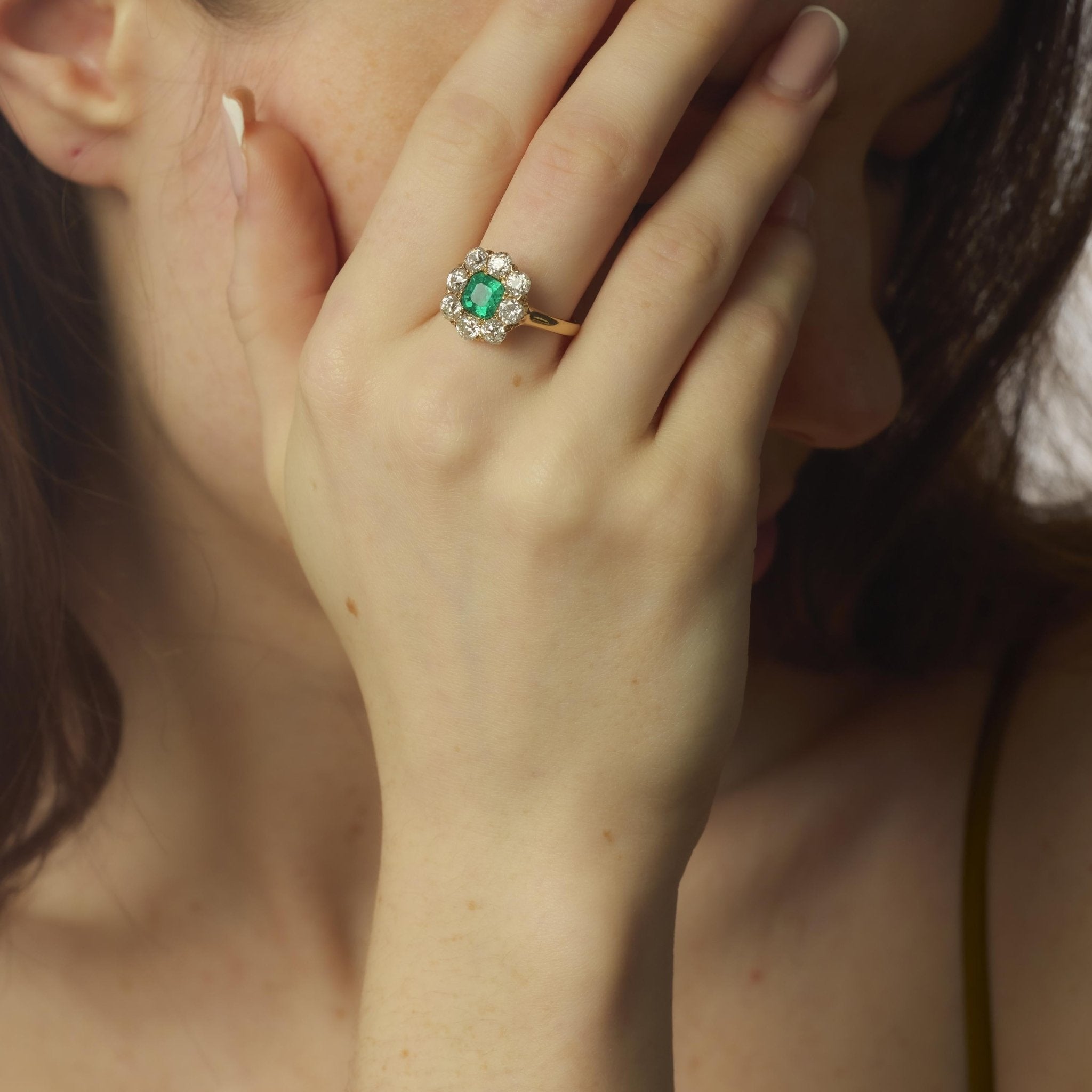 Victorian GIA Colombian emerald diamond 18k rose gold cluster ring