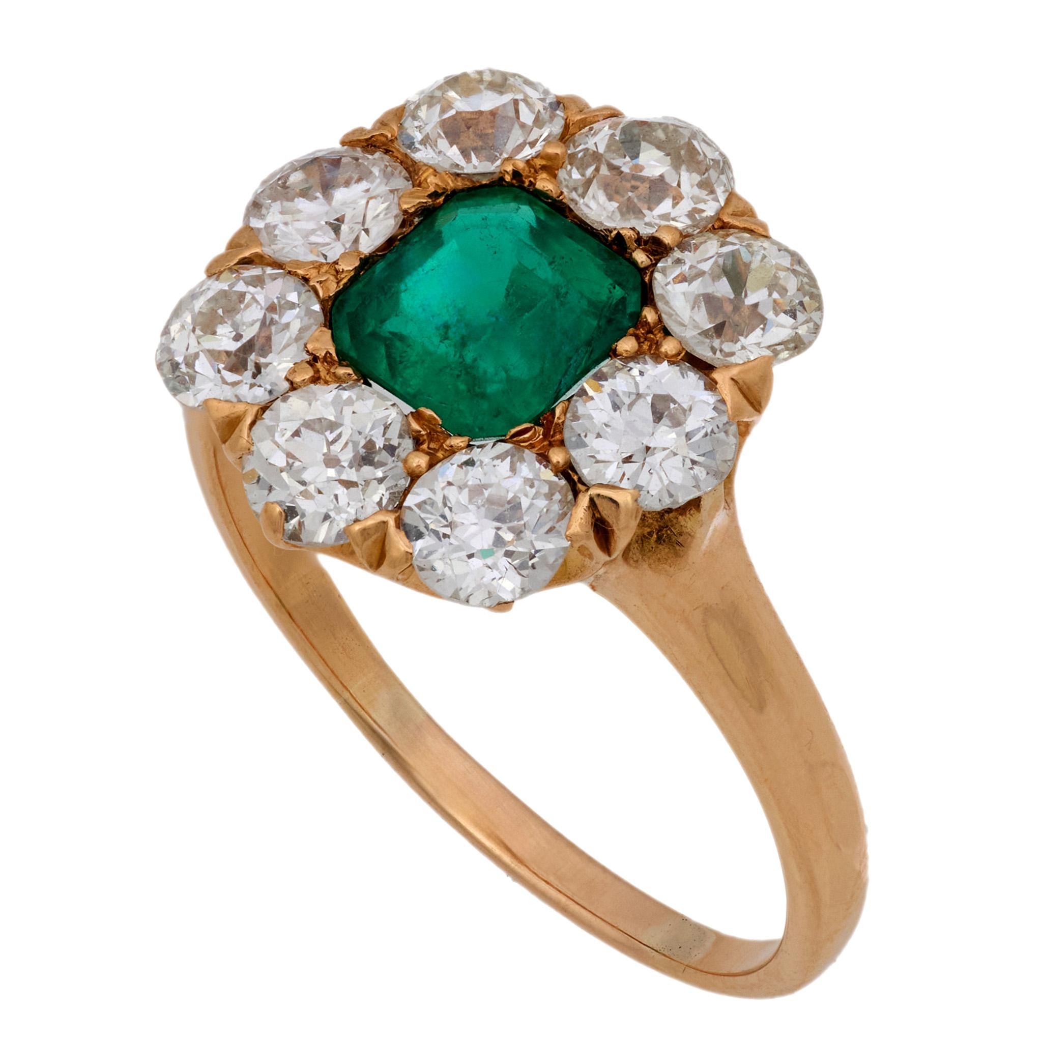 Victorian GIA Colombian emerald diamond 18k rose gold cluster ring