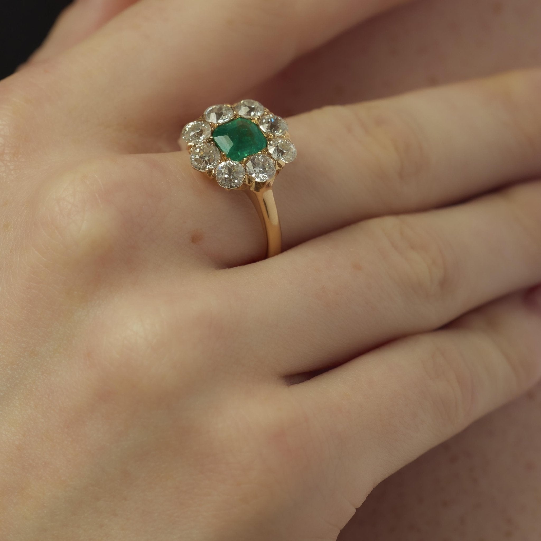 Victorian GIA Colombian emerald diamond 18k rose gold cluster ring