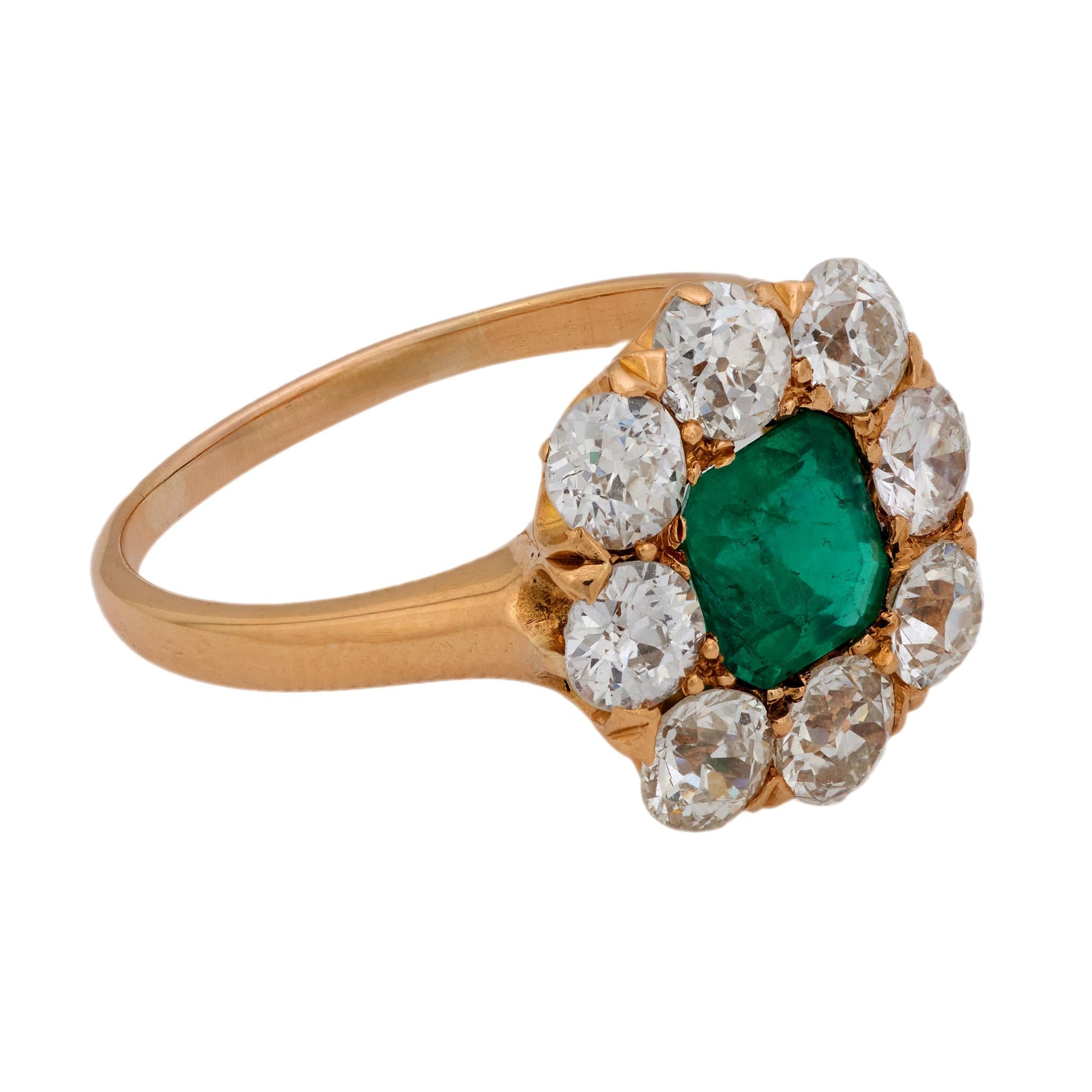 Victorian GIA Colombian emerald diamond 18k rose gold cluster ring