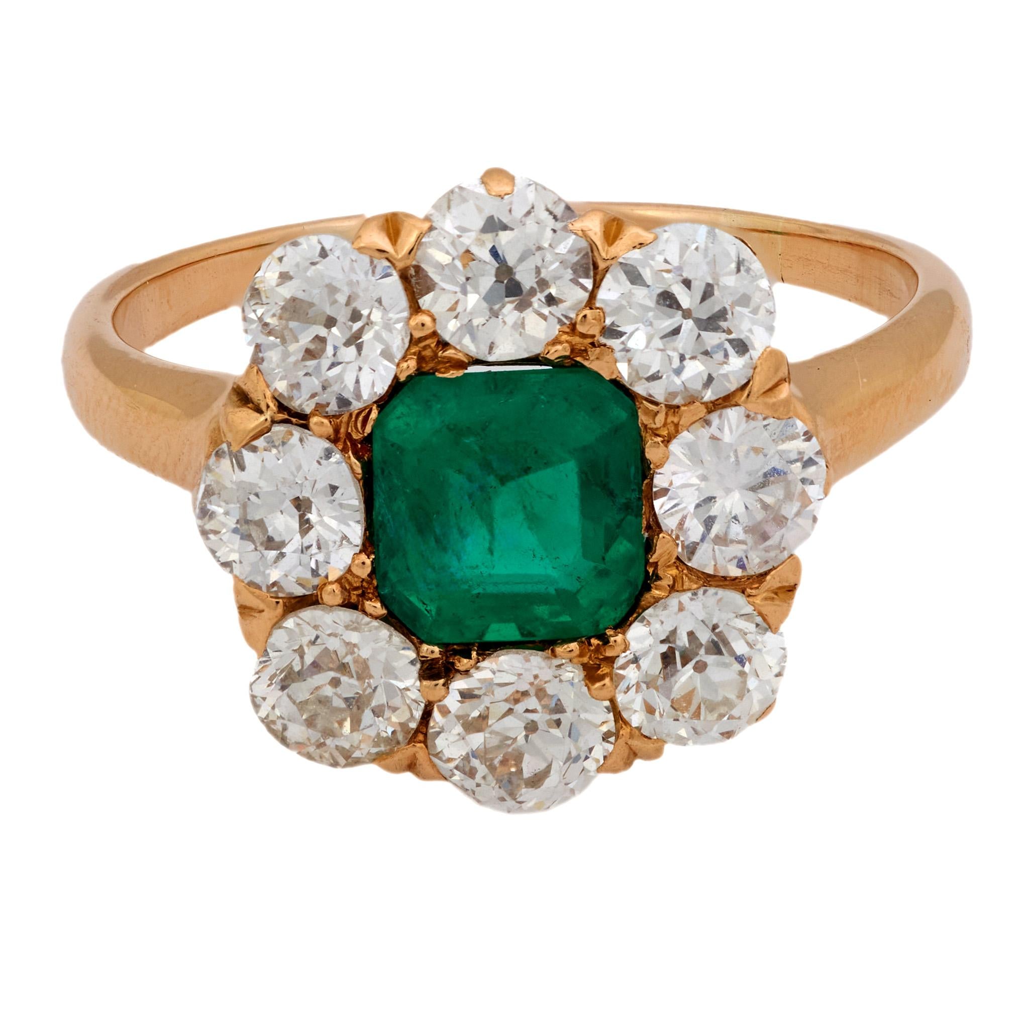 Victorian GIA Colombian emerald diamond 18k rose gold cluster ring