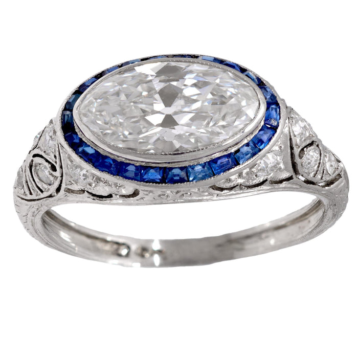 Art Deco 2 carat moval cut diamond sapphire platinum engagement ring