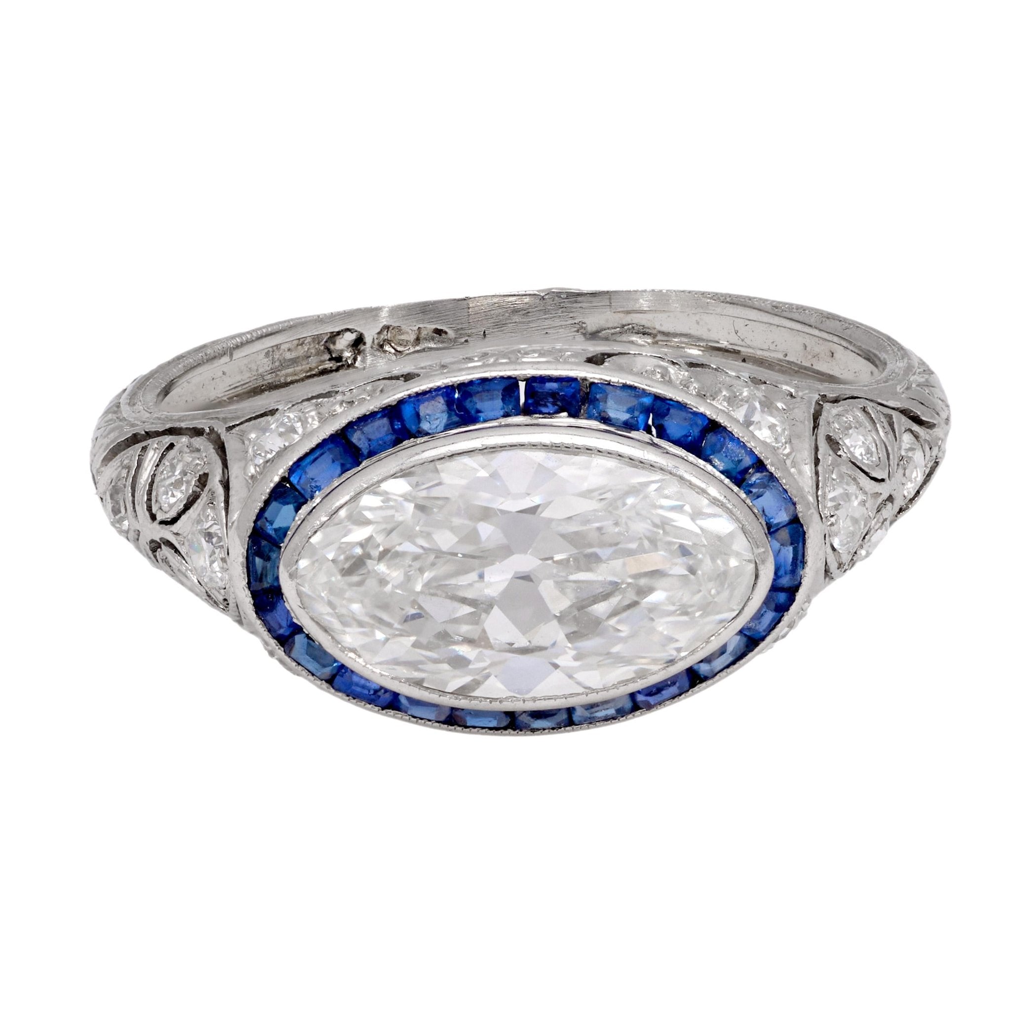 Art Deco 2 carat moval cut diamond sapphire platinum engagement ring