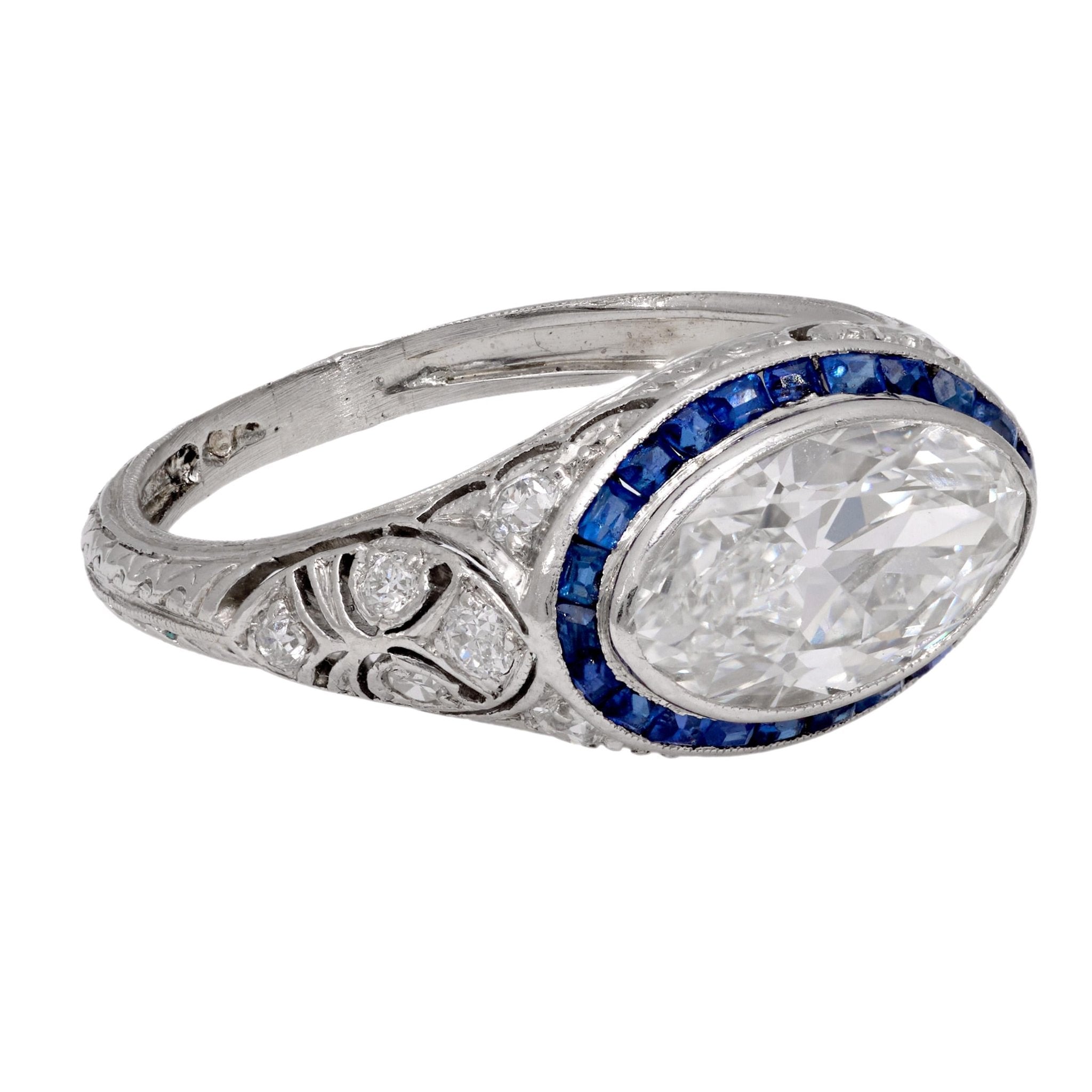 Art Deco 2 carat moval cut diamond sapphire platinum engagement ring