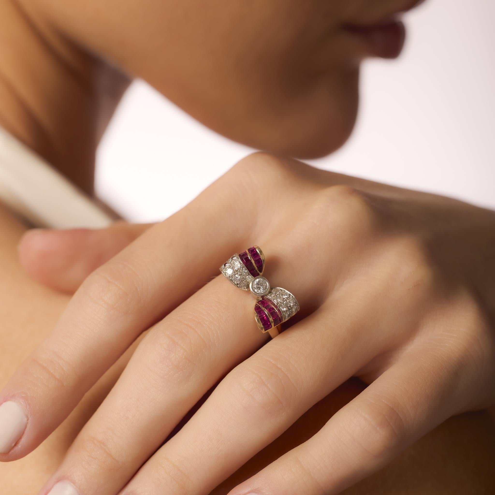 Retro diamond ruby 14k yellow gold bow tie ring