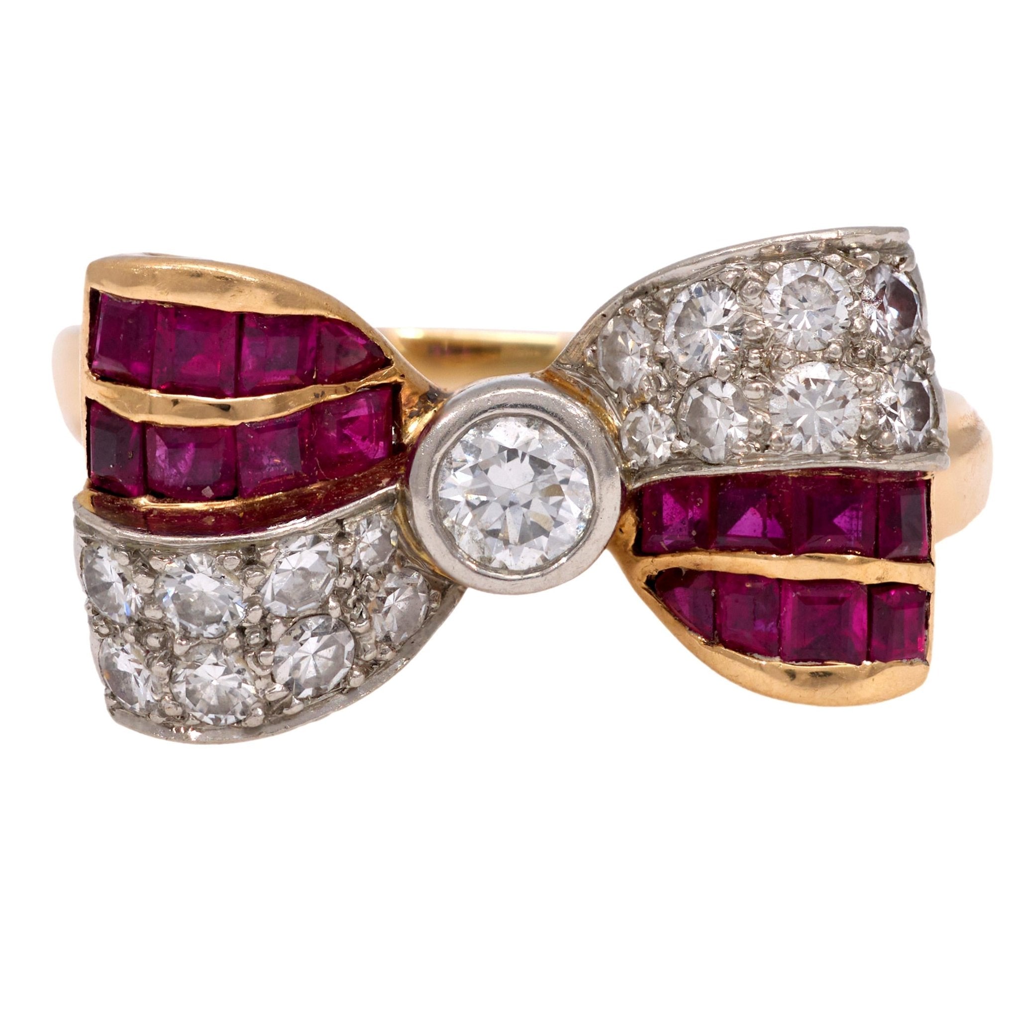 Retro diamond ruby 14k yellow gold bow tie ring