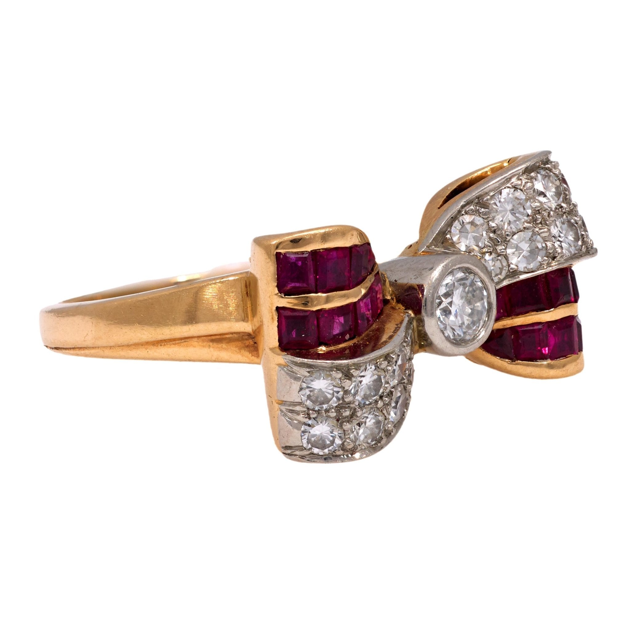 Retro diamond ruby 14k yellow gold bow tie ring