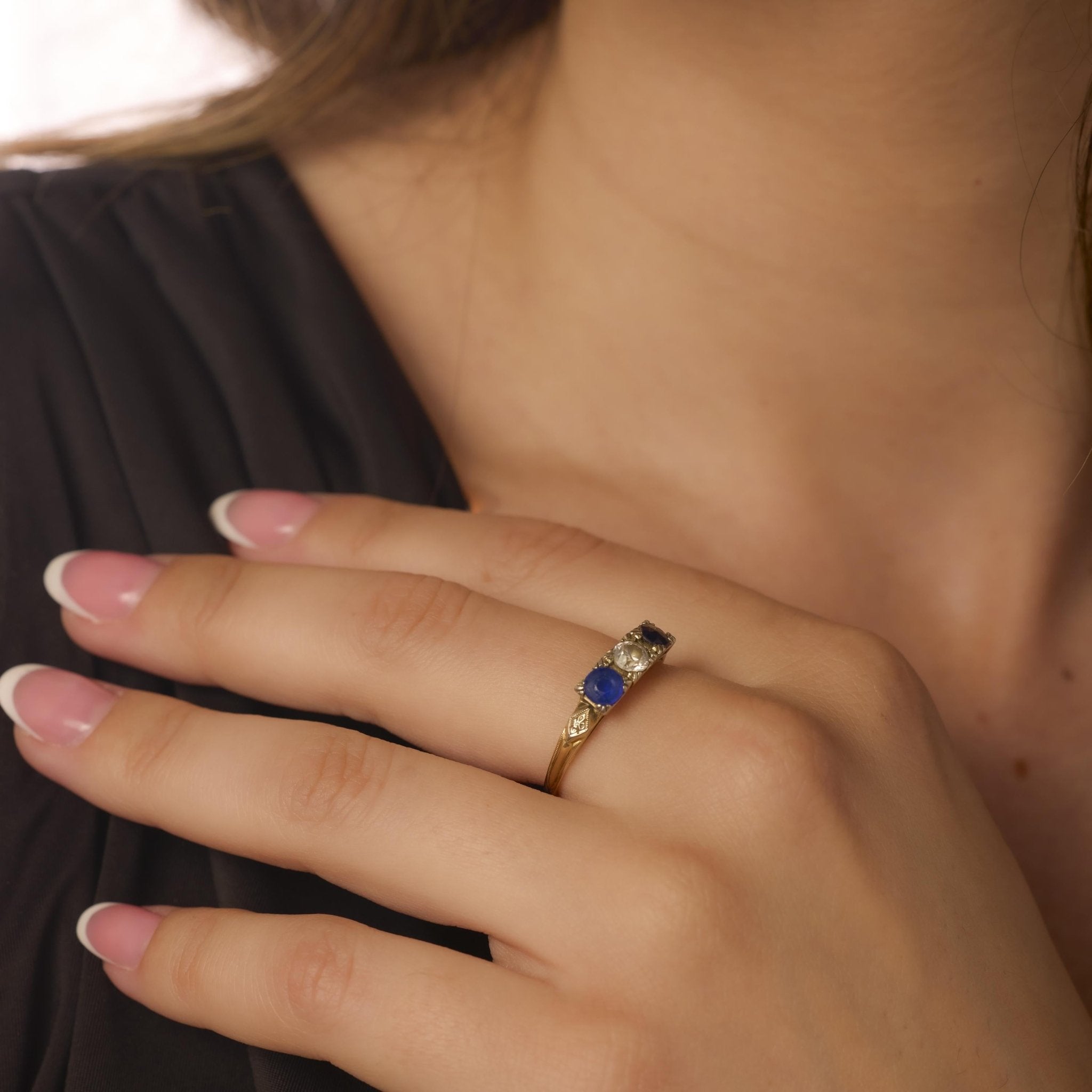 Victorian diamond sapphire 14k yellow gold 3 stone ring