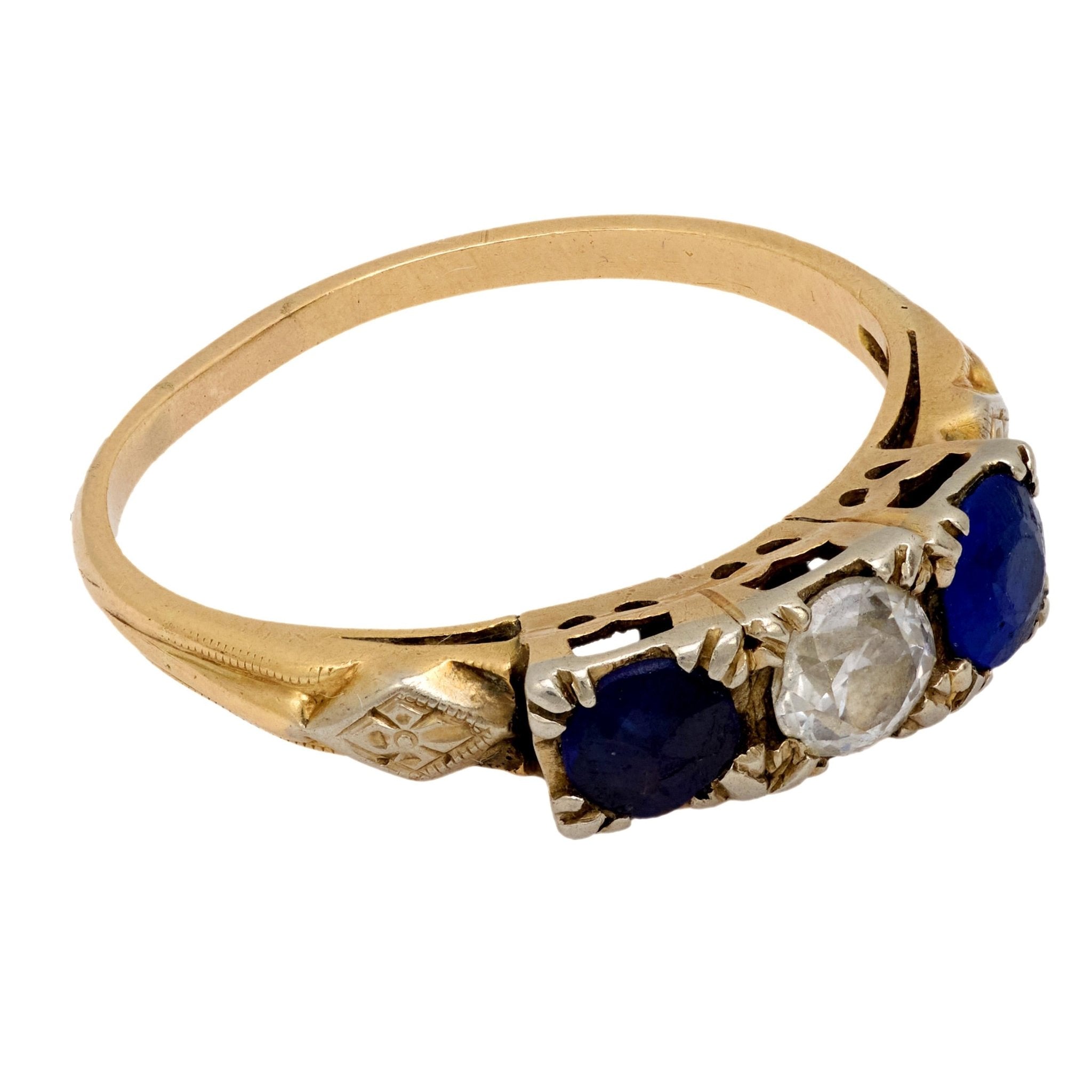 Victorian diamond sapphire 14k yellow gold 3 stone ring
