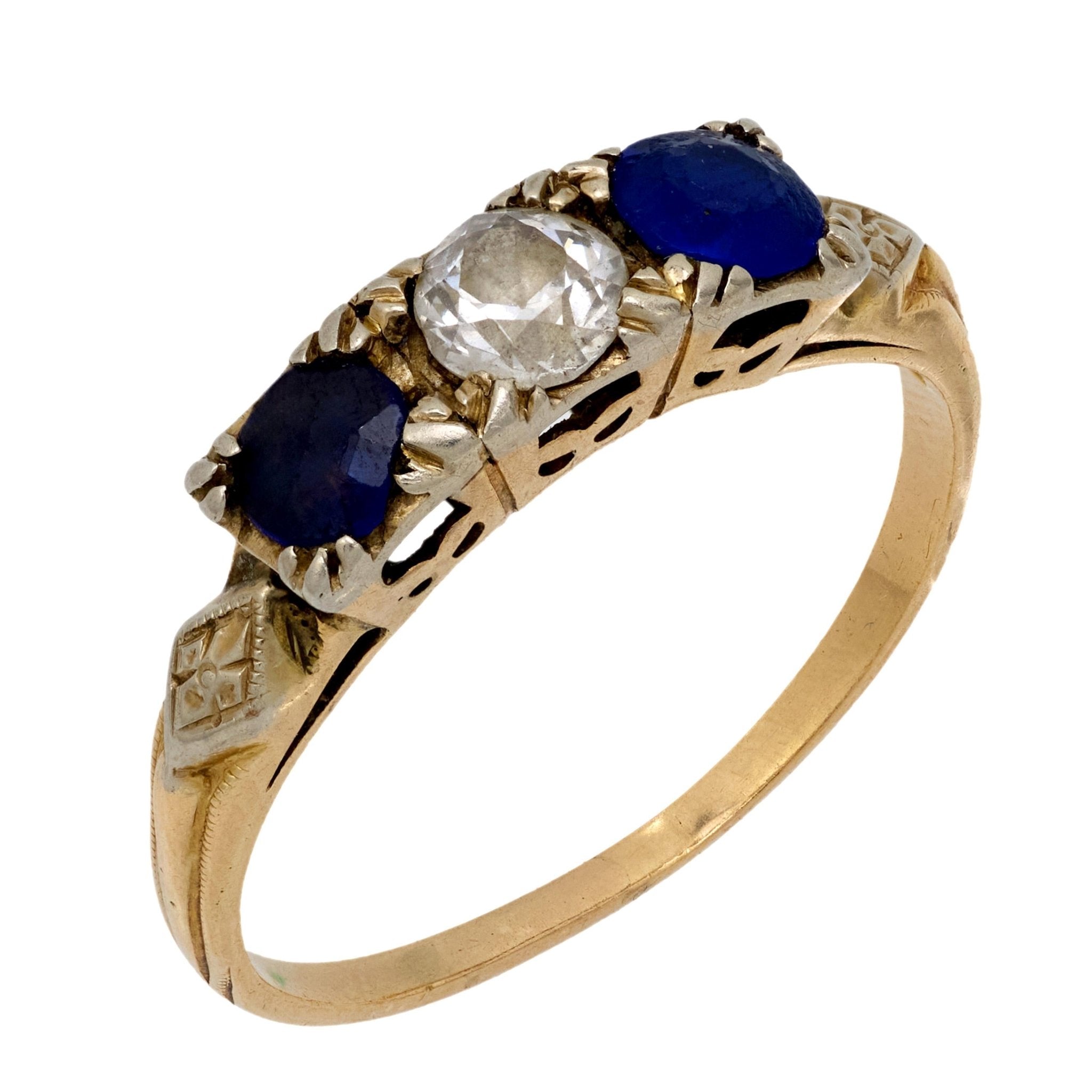 Victorian diamond sapphire 14k yellow gold 3 stone ring