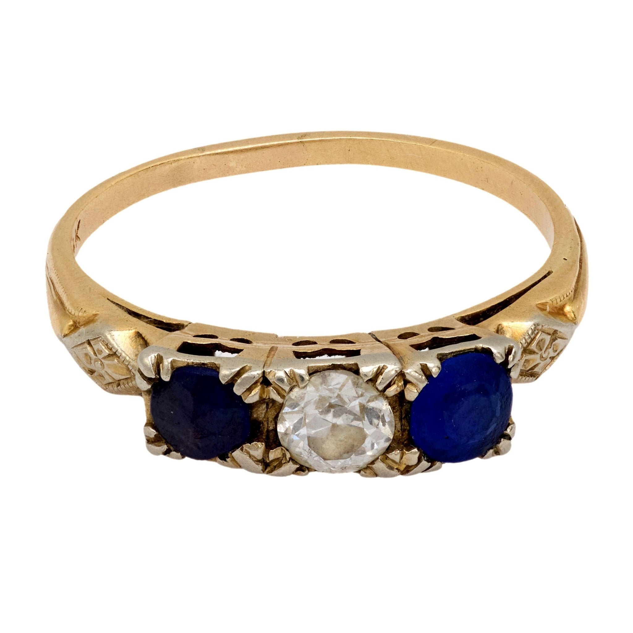 Victorian diamond sapphire 14k yellow gold 3 stone ring