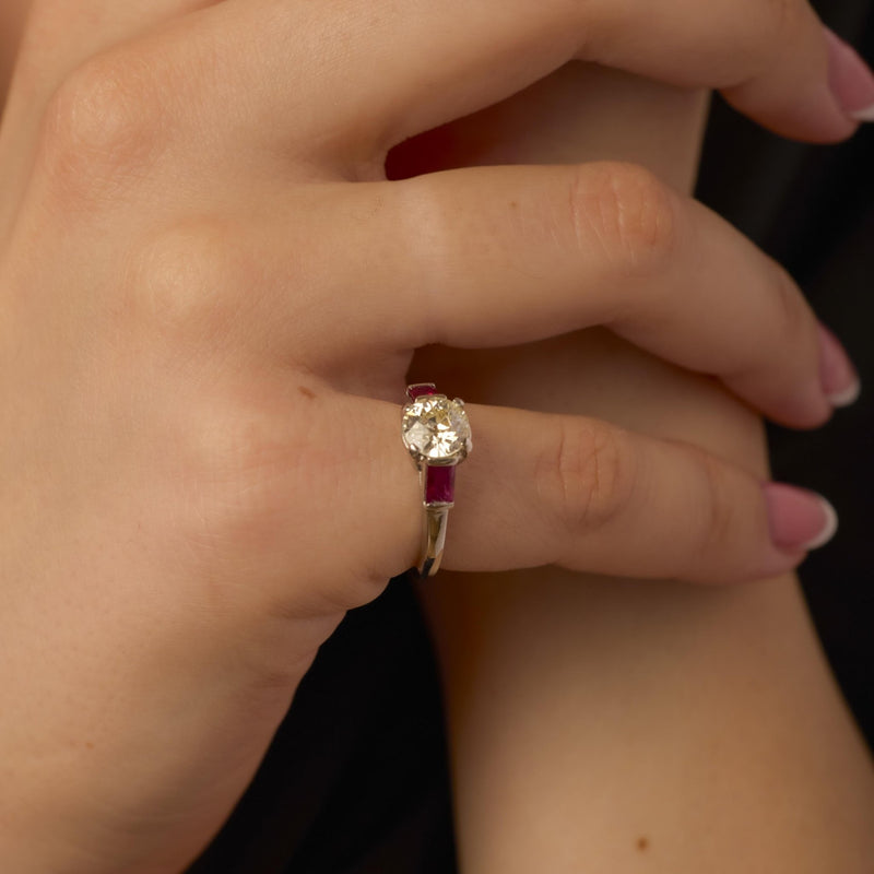 Art Deco GIA 1.08 carat old European cut diamond ruby platinum engagement ring
