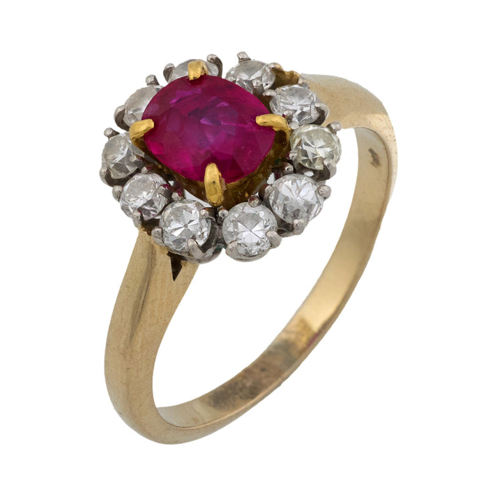 Retro GIA Burma no heat ruby 18k yellow gold and platinum cluster ring