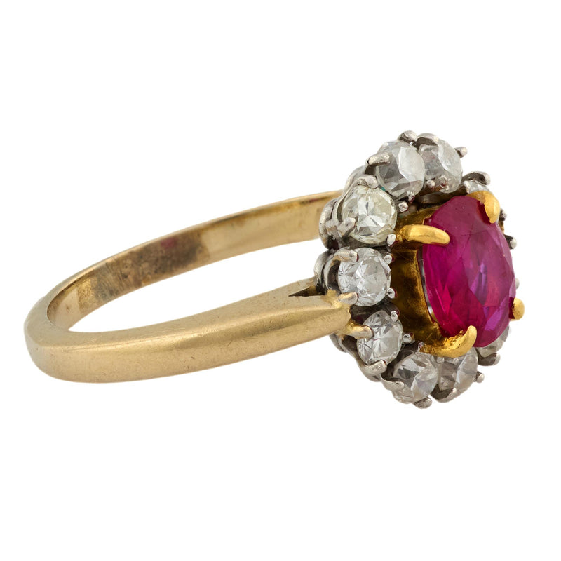 Retro GIA Burma no heat ruby 18k yellow gold and platinum cluster ring