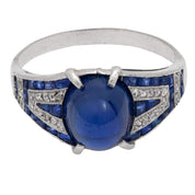 Art Deco 4.50 carat cabochon cut sapphire diamond platinum ring