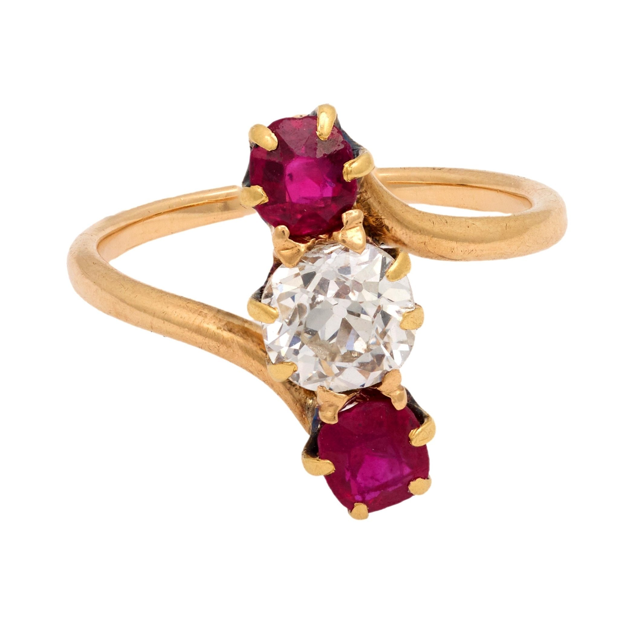 Victorian diamond ruby 14k yellow gold three stone ring