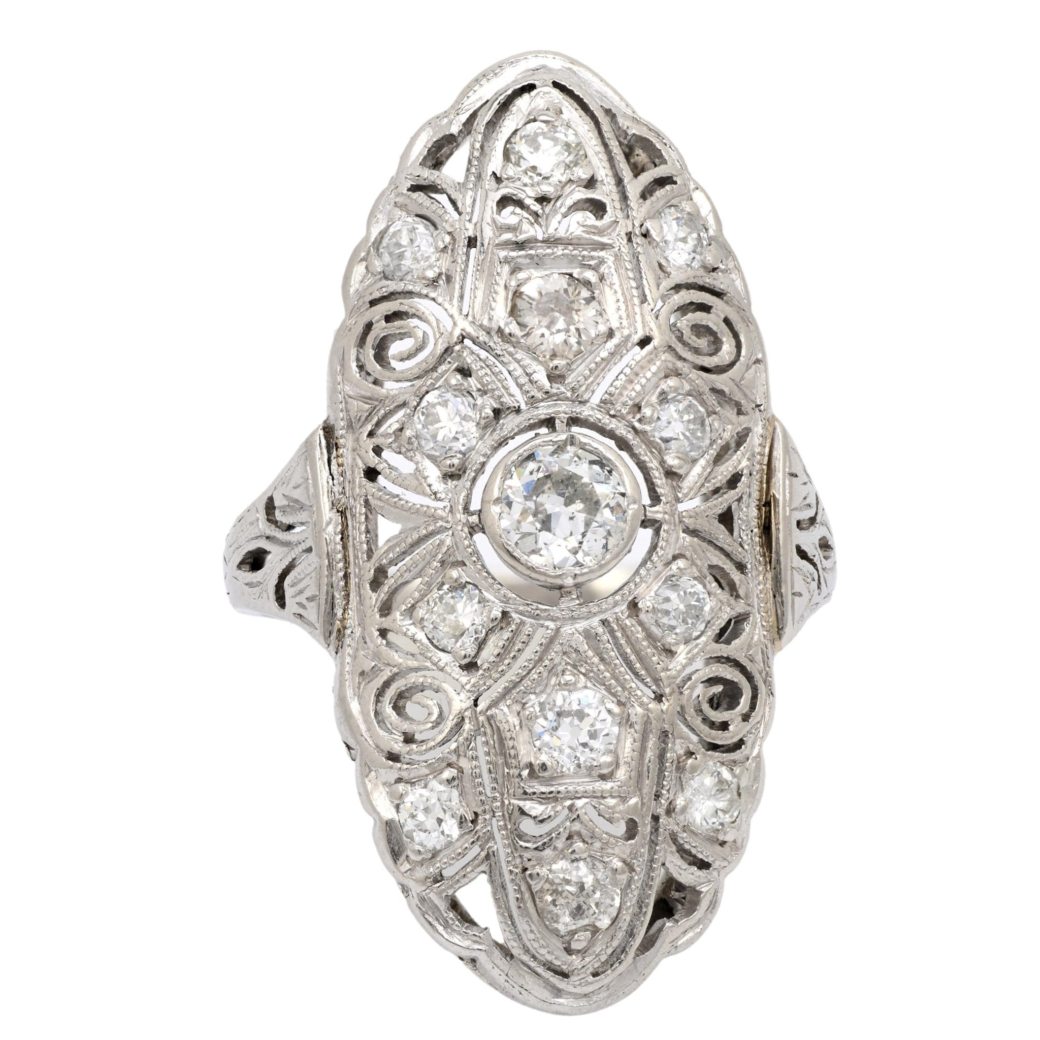 Art Deco diamond platinum navette ring