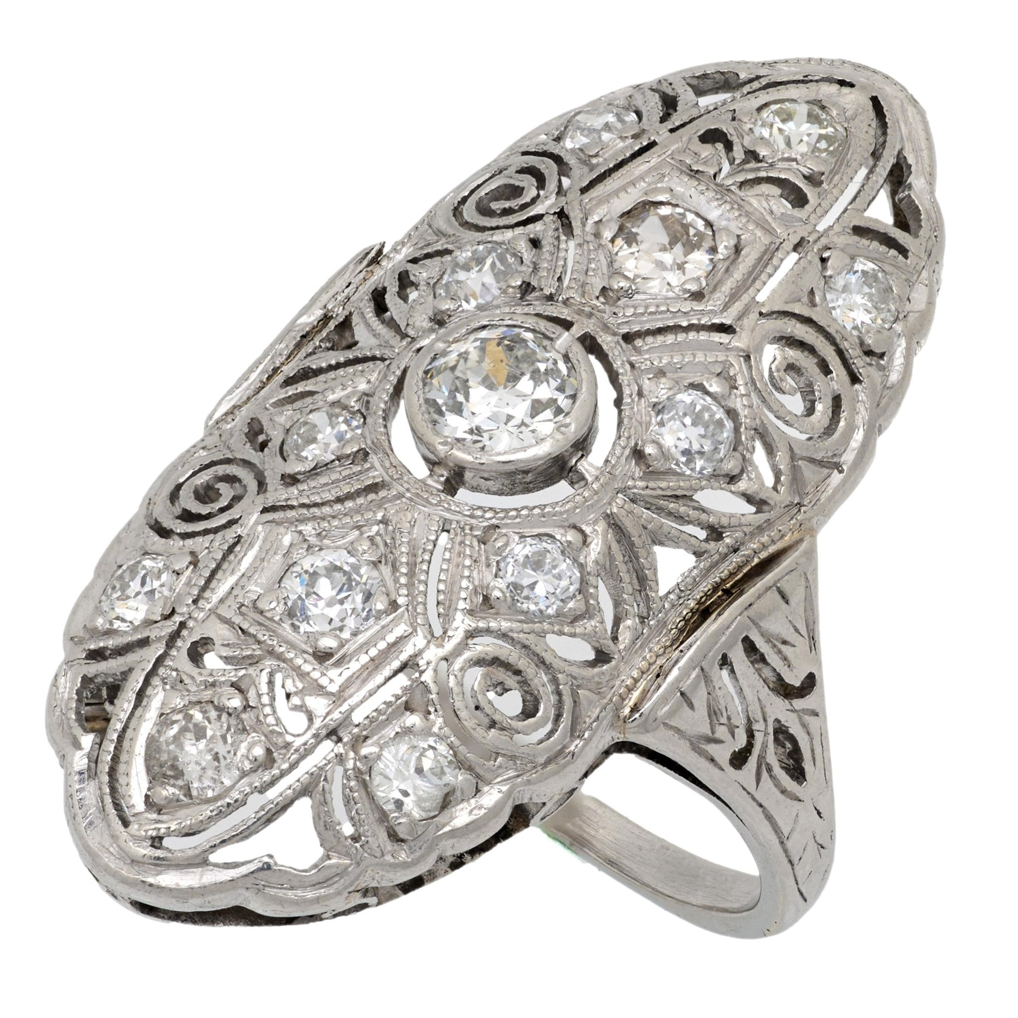 Art Deco diamond platinum navette ring