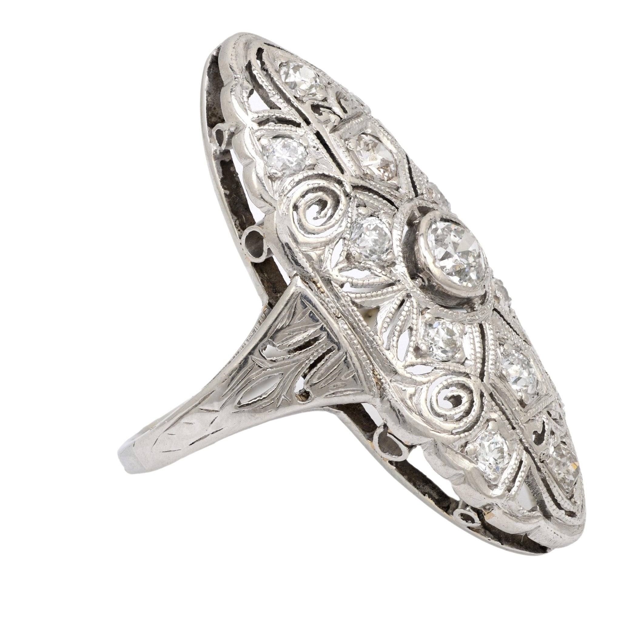 Art Deco diamond platinum navette ring