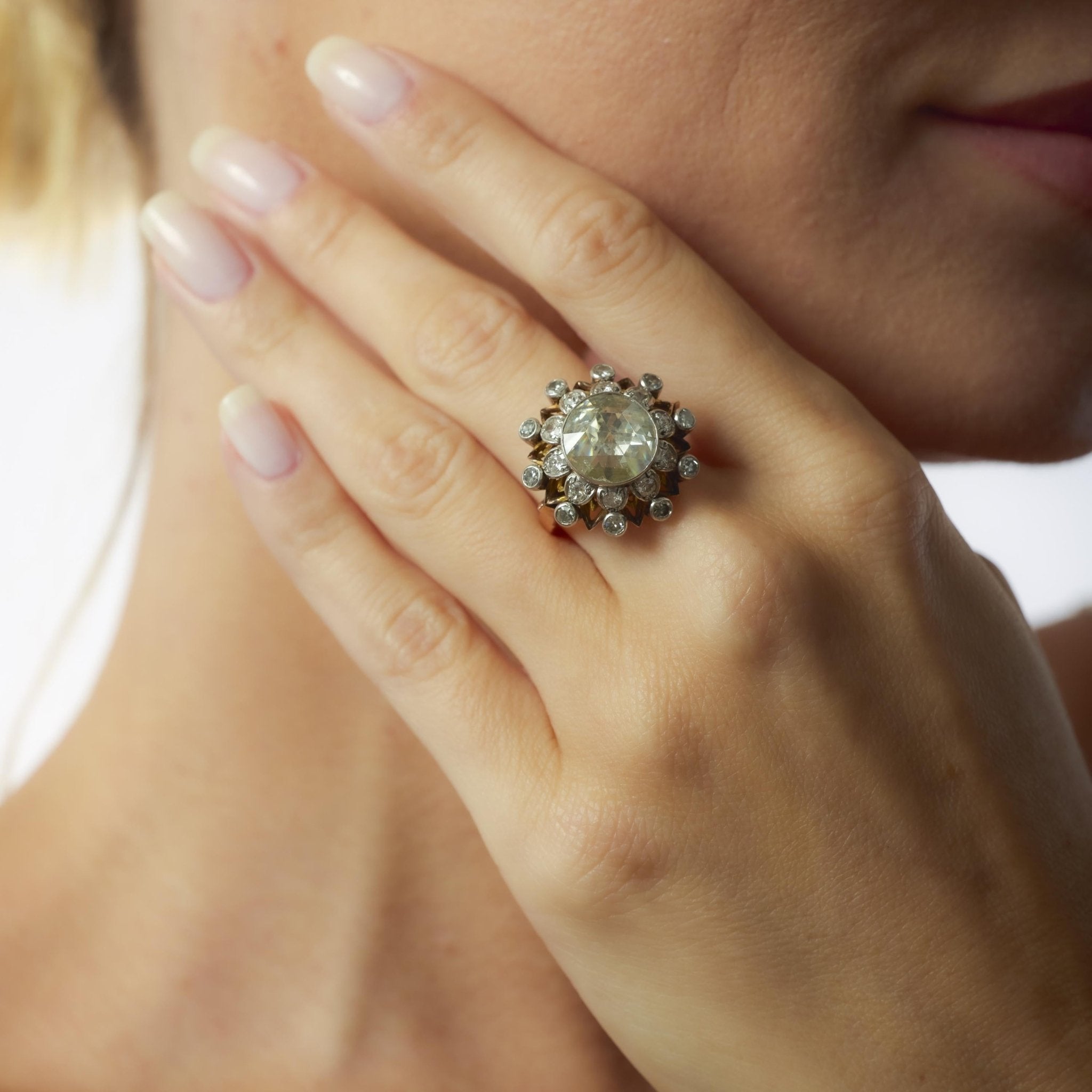 Victorian 2.80 carat rose cut diamond 18k rose gold cluster ring