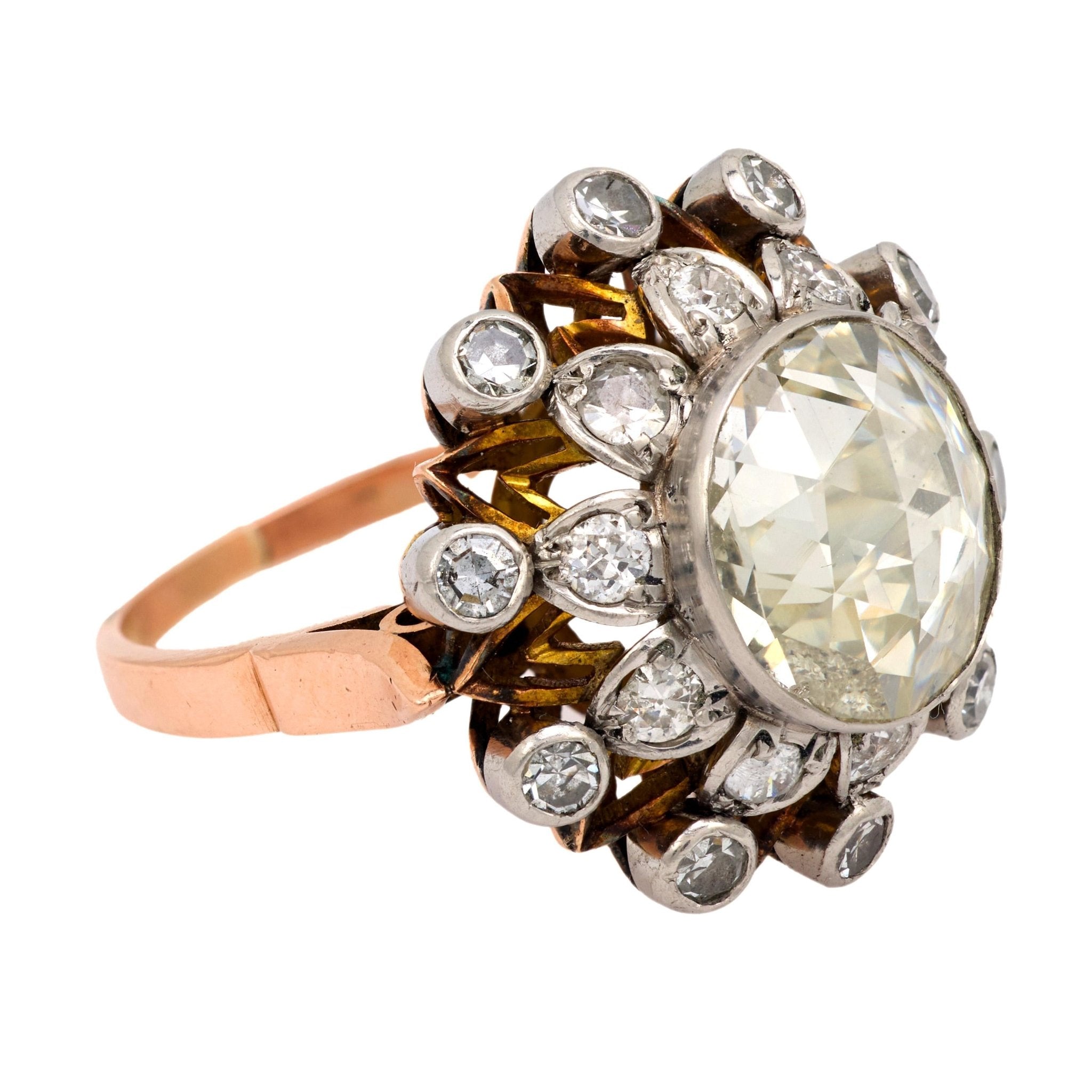 Victorian 2.80 carat rose cut diamond 18k rose gold cluster ring