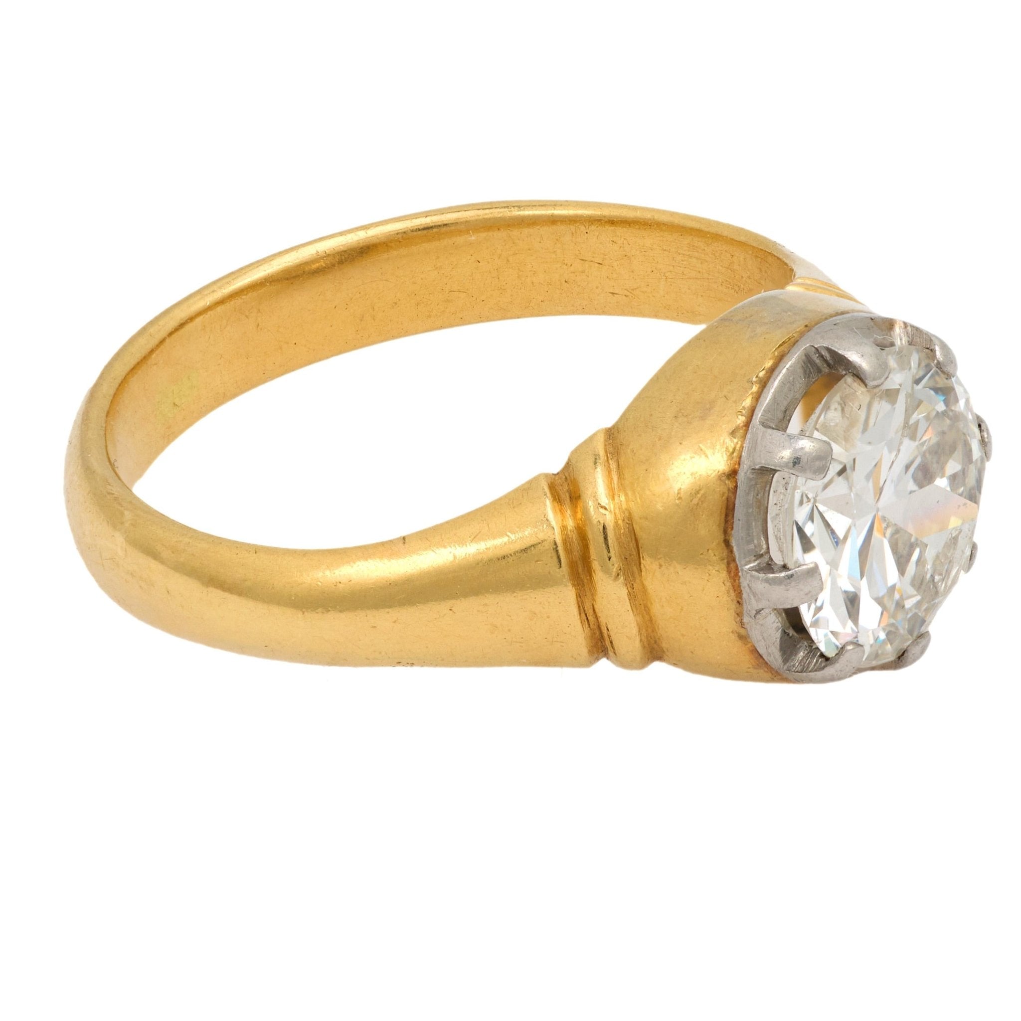 Edwardian 2.10 carat old European cut diamond 18k yellow gold engagement ring