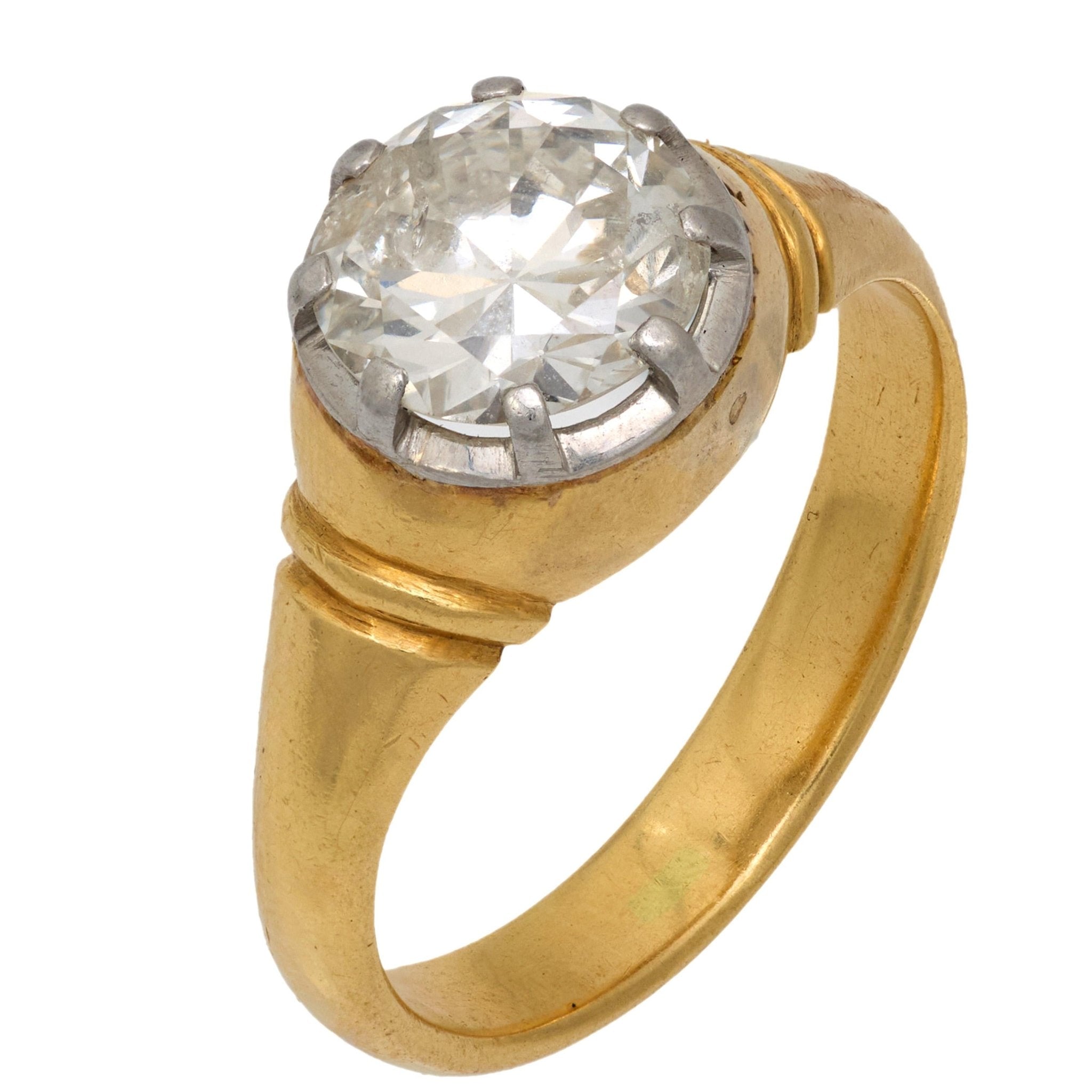 Edwardian 2.10 carat old European cut diamond 18k yellow gold engagement ring