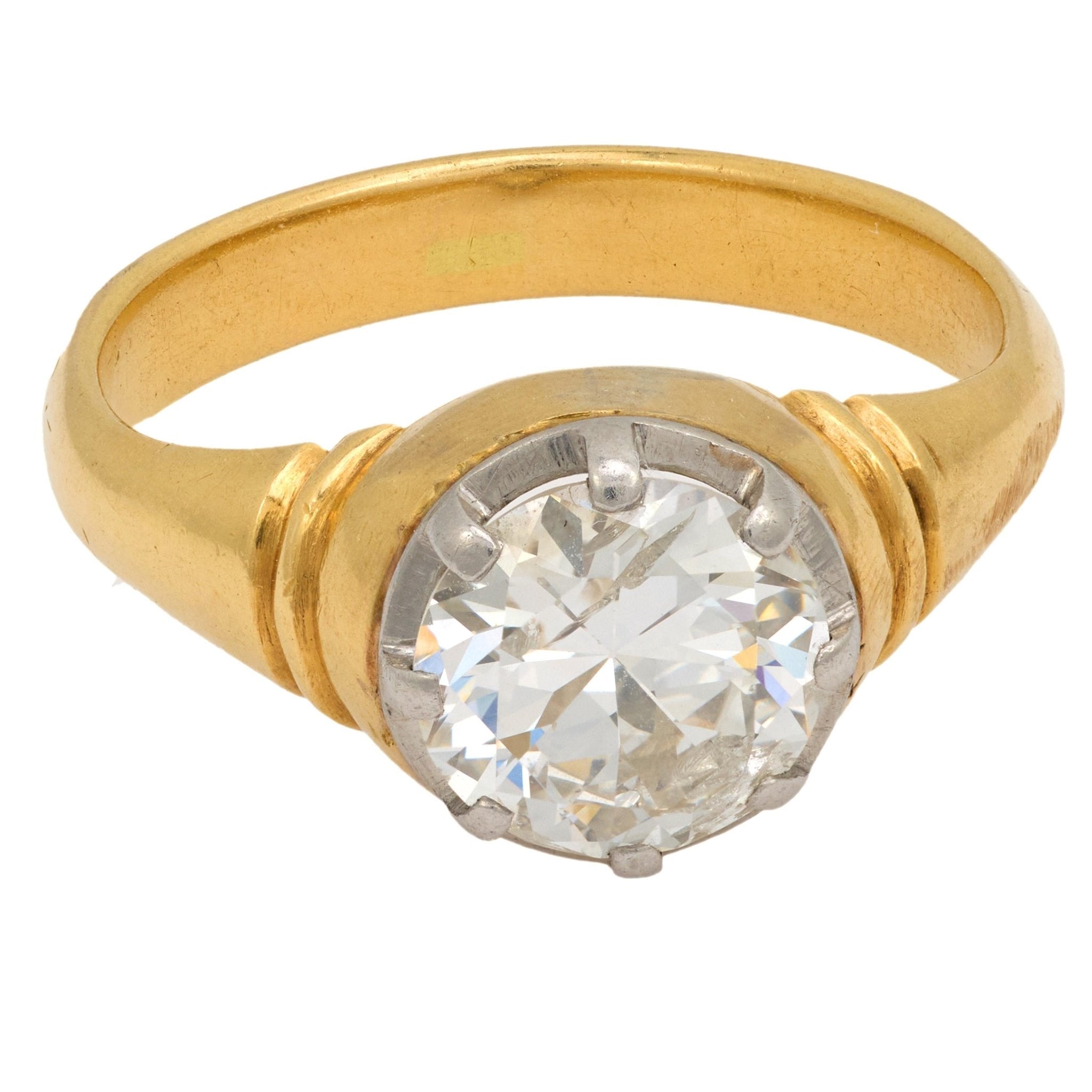 Edwardian 2.10 carat old European cut diamond 18k yellow gold engagement ring