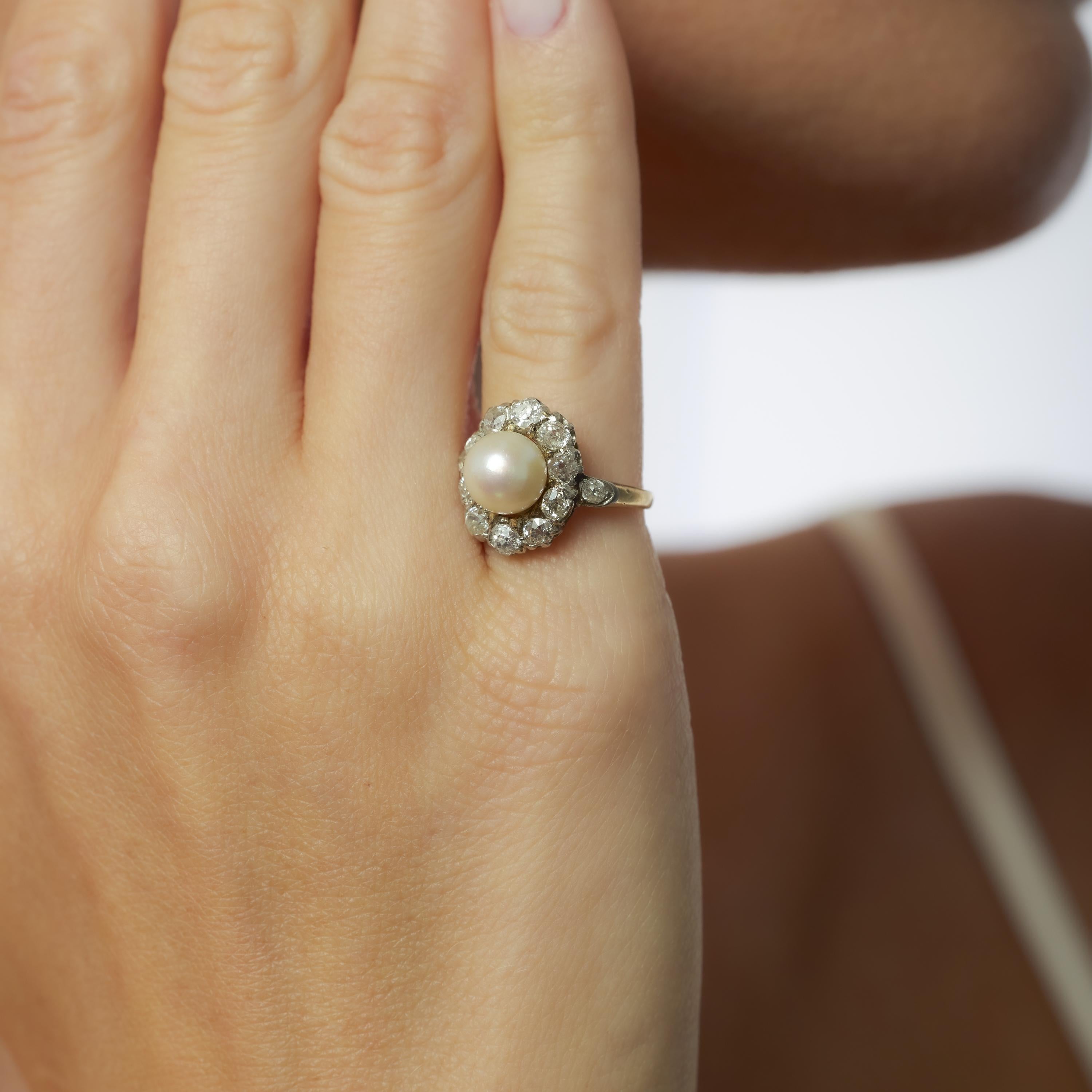 Victorian pearl old mine diamond 18k yellow gold and platinum cluster ring