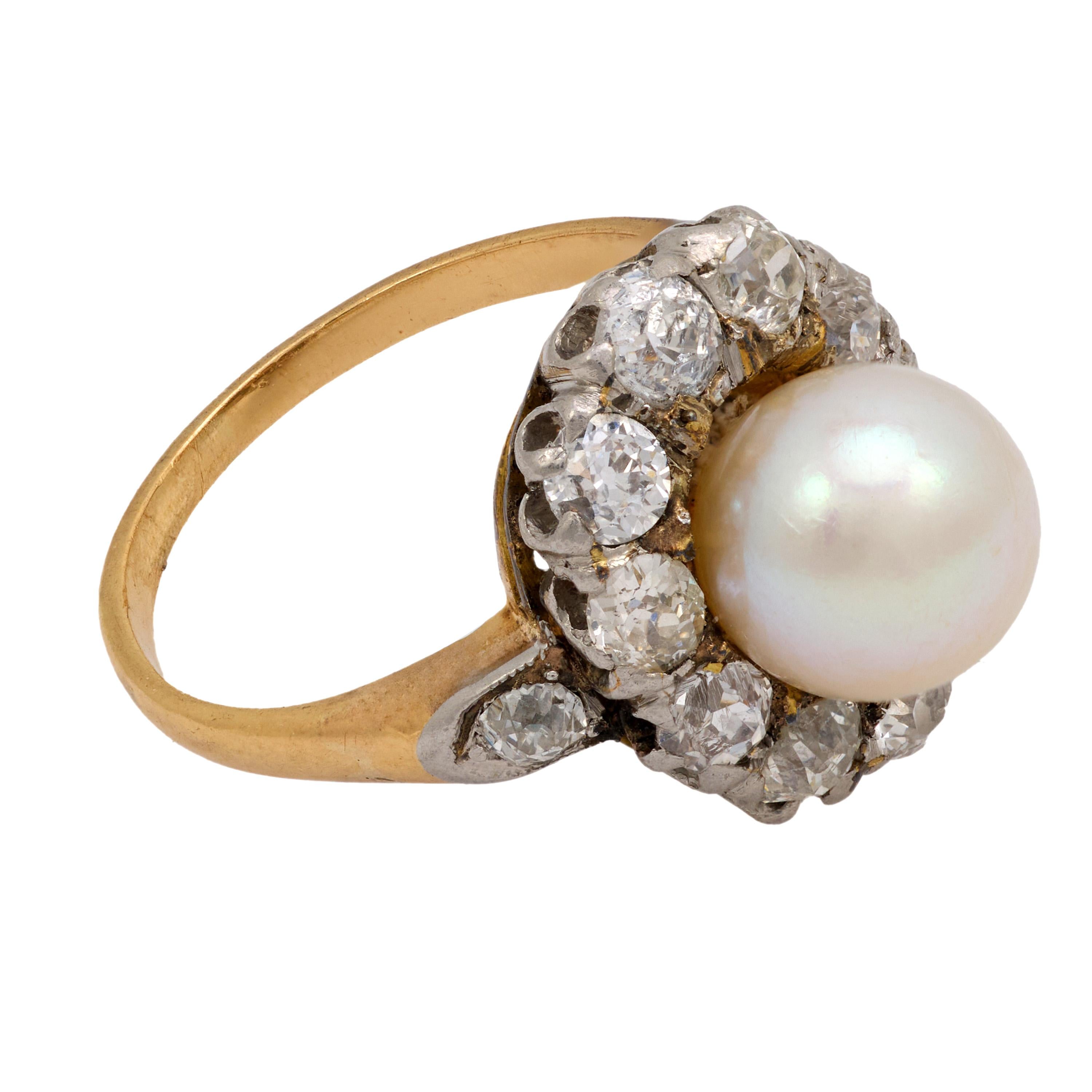 Victorian pearl old mine diamond 18k yellow gold and platinum cluster ring