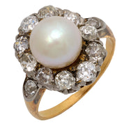 Victorian pearl old mine diamond 18k yellow gold and platinum cluster ring