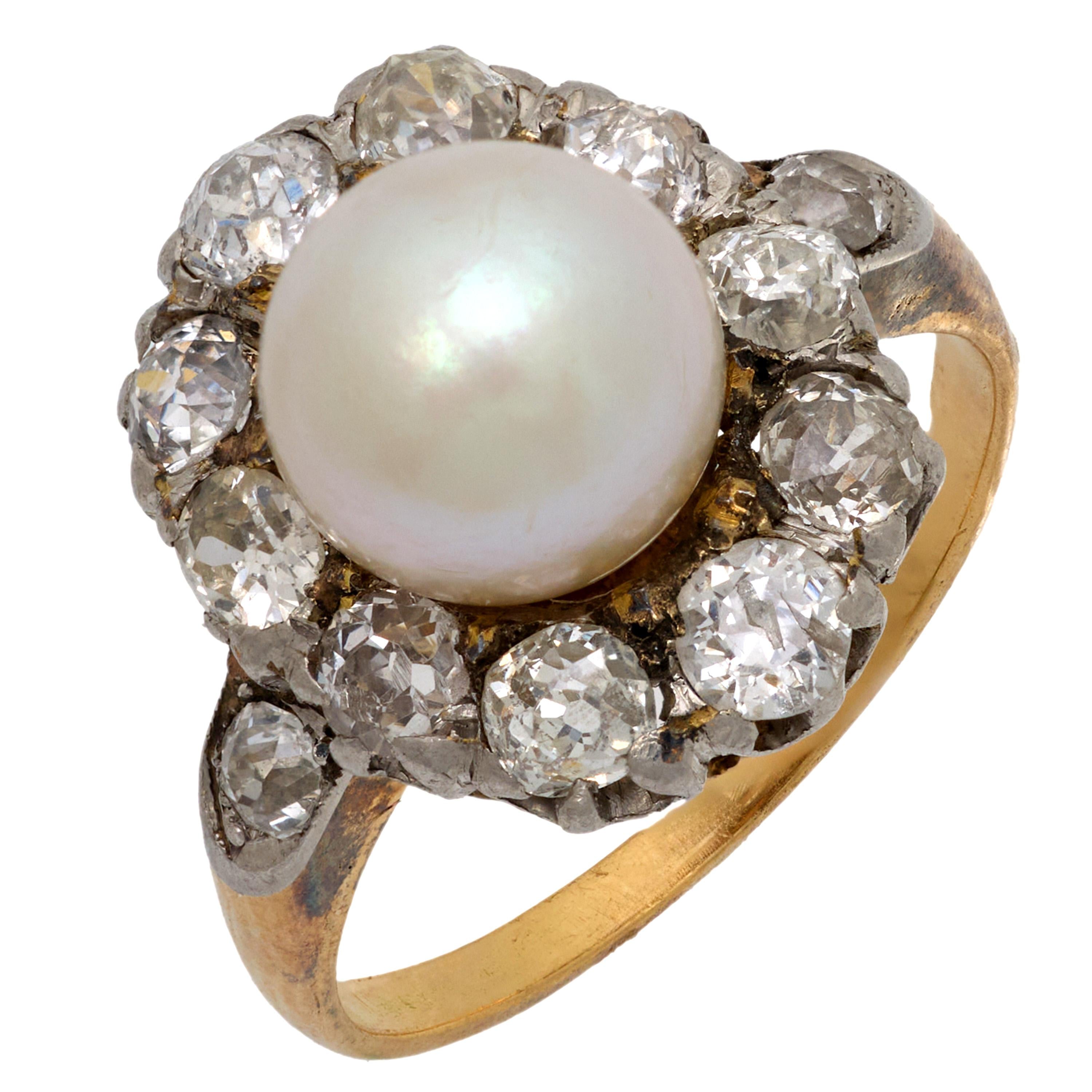 Victorian pearl old mine diamond 18k yellow gold and platinum cluster ring