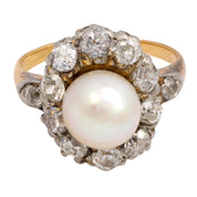 Victorian pearl old mine diamond 18k yellow gold and platinum cluster ring
