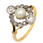 Victorian pearl and diamond 18k yellow gold and platinum navette ring
