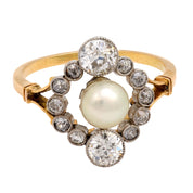 Victorian pearl and diamond 18k yellow gold and platinum navette ring