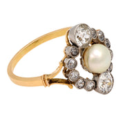 Victorian pearl and diamond 18k yellow gold and platinum navette ring