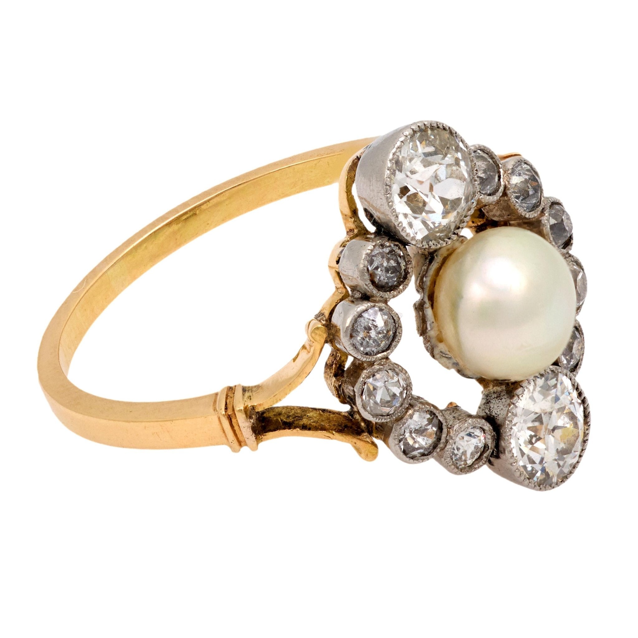 Victorian pearl and diamond 18k yellow gold and platinum navette ring