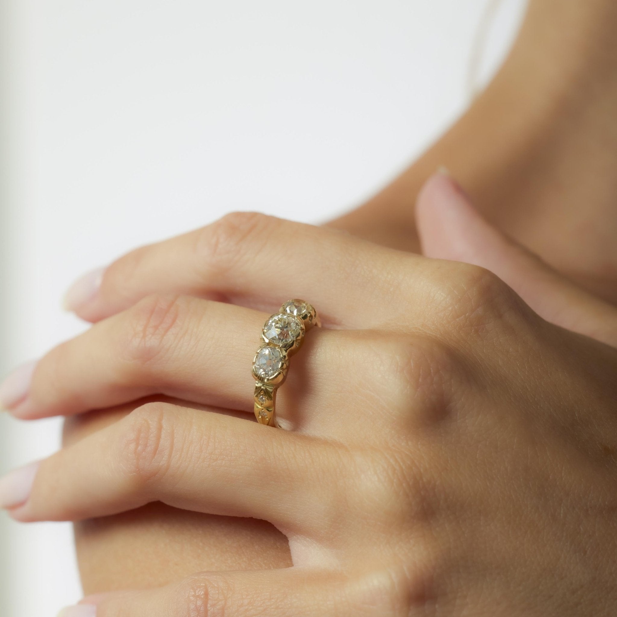 French 2.05 carat old European cut diamond 18k yellow gold 3 stone ring