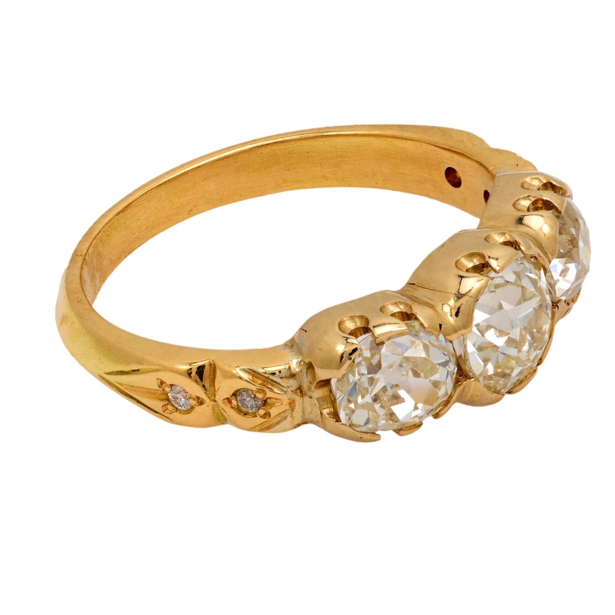 French 2.05 carat old European cut diamond 18k yellow gold 3 stone ring
