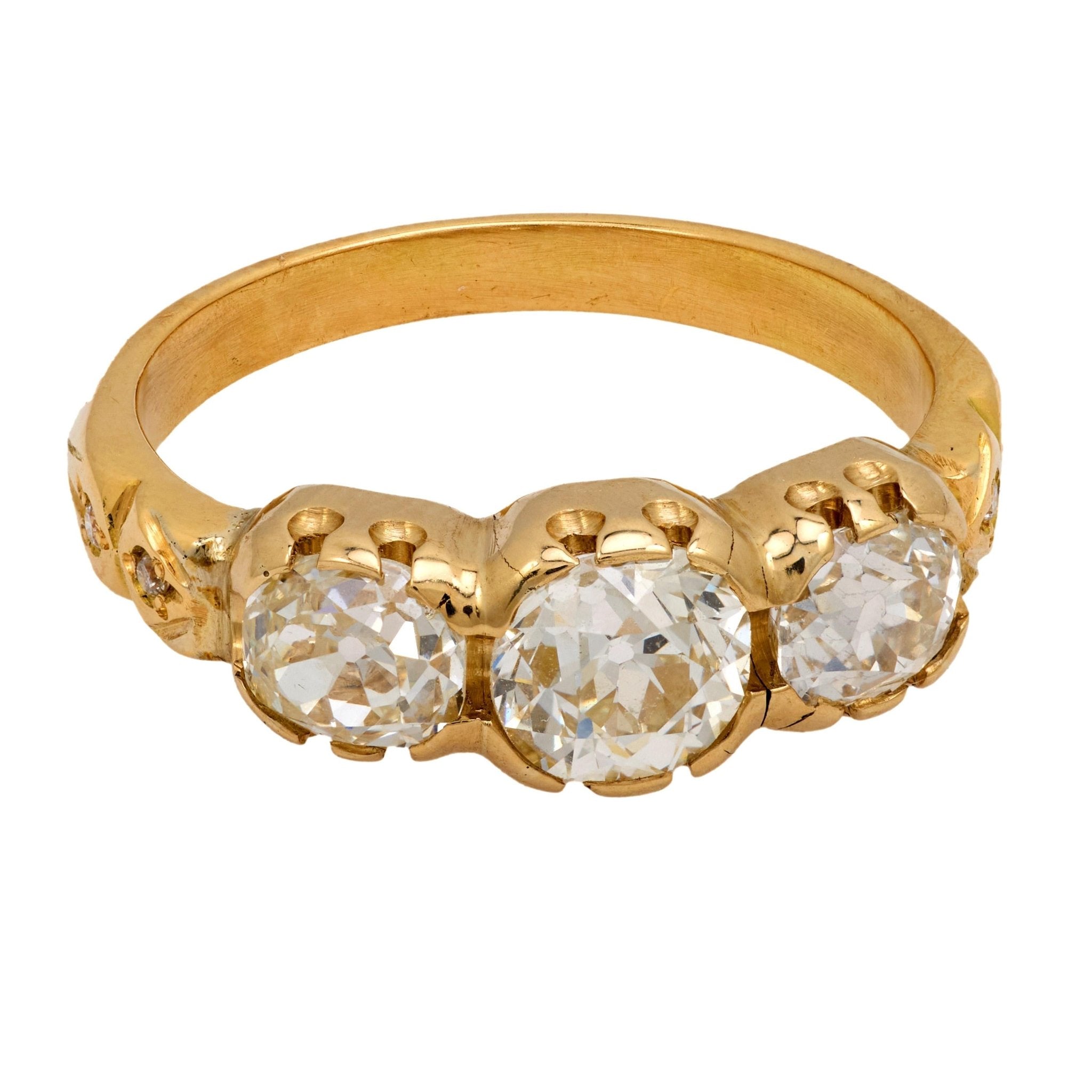 French 2.05 carat old European cut diamond 18k yellow gold 3 stone ring