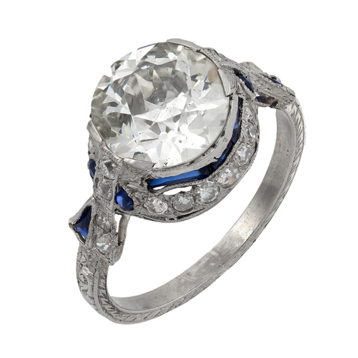 Art Deco 2.98 carat diamond sapphire platinum engagement ring