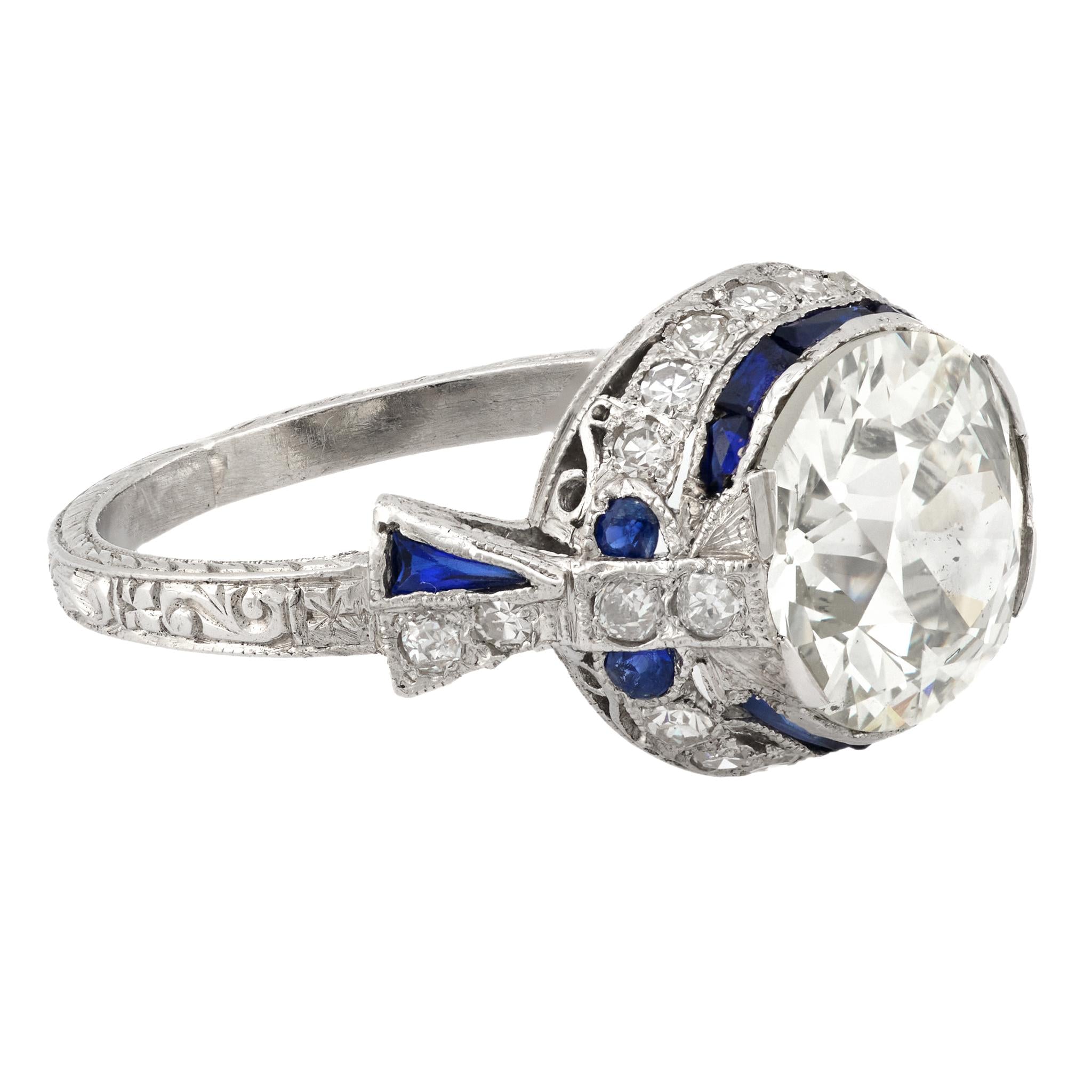 Art Deco 2.98 carat diamond sapphire platinum engagement ring