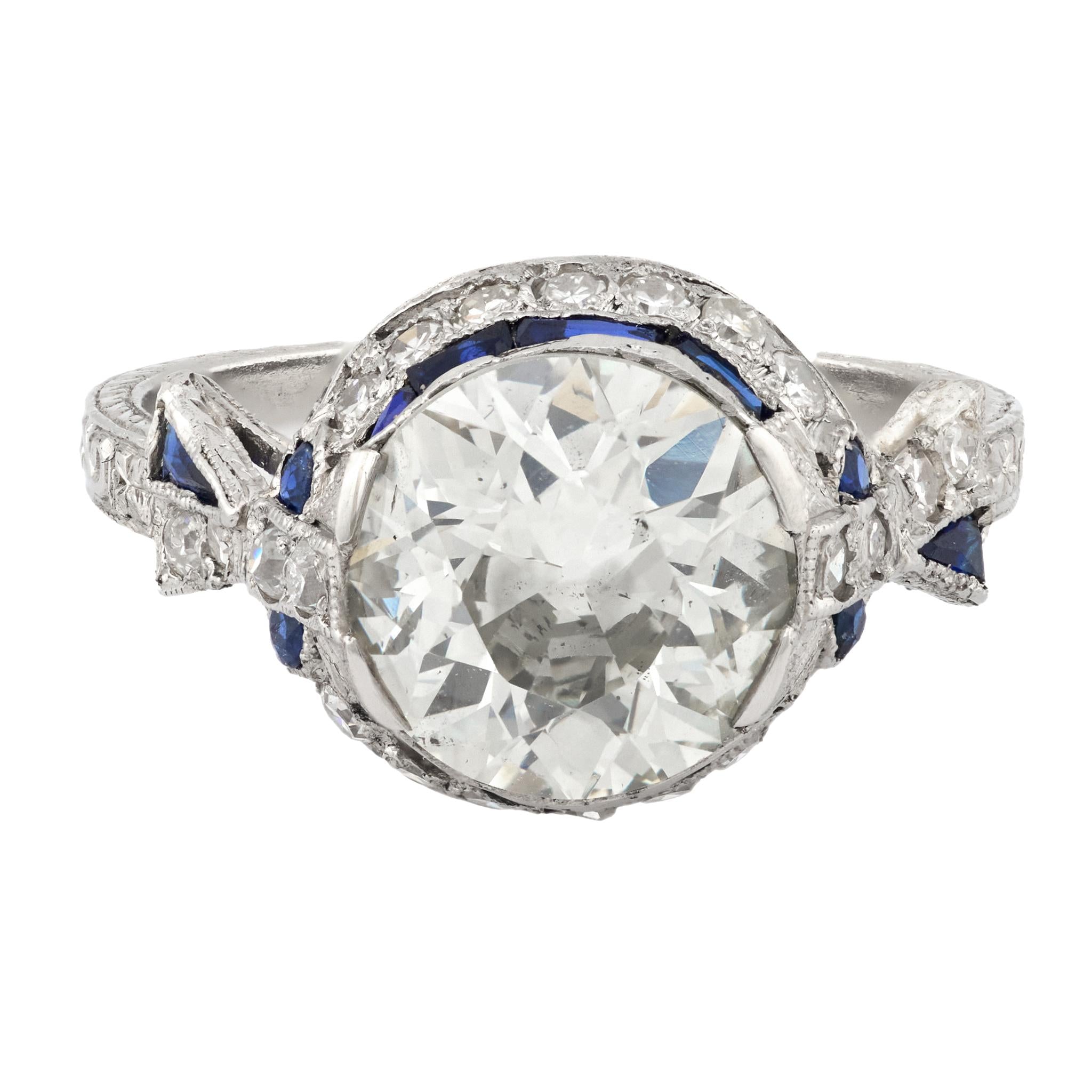 Art Deco 2.98 carat diamond sapphire platinum engagement ring